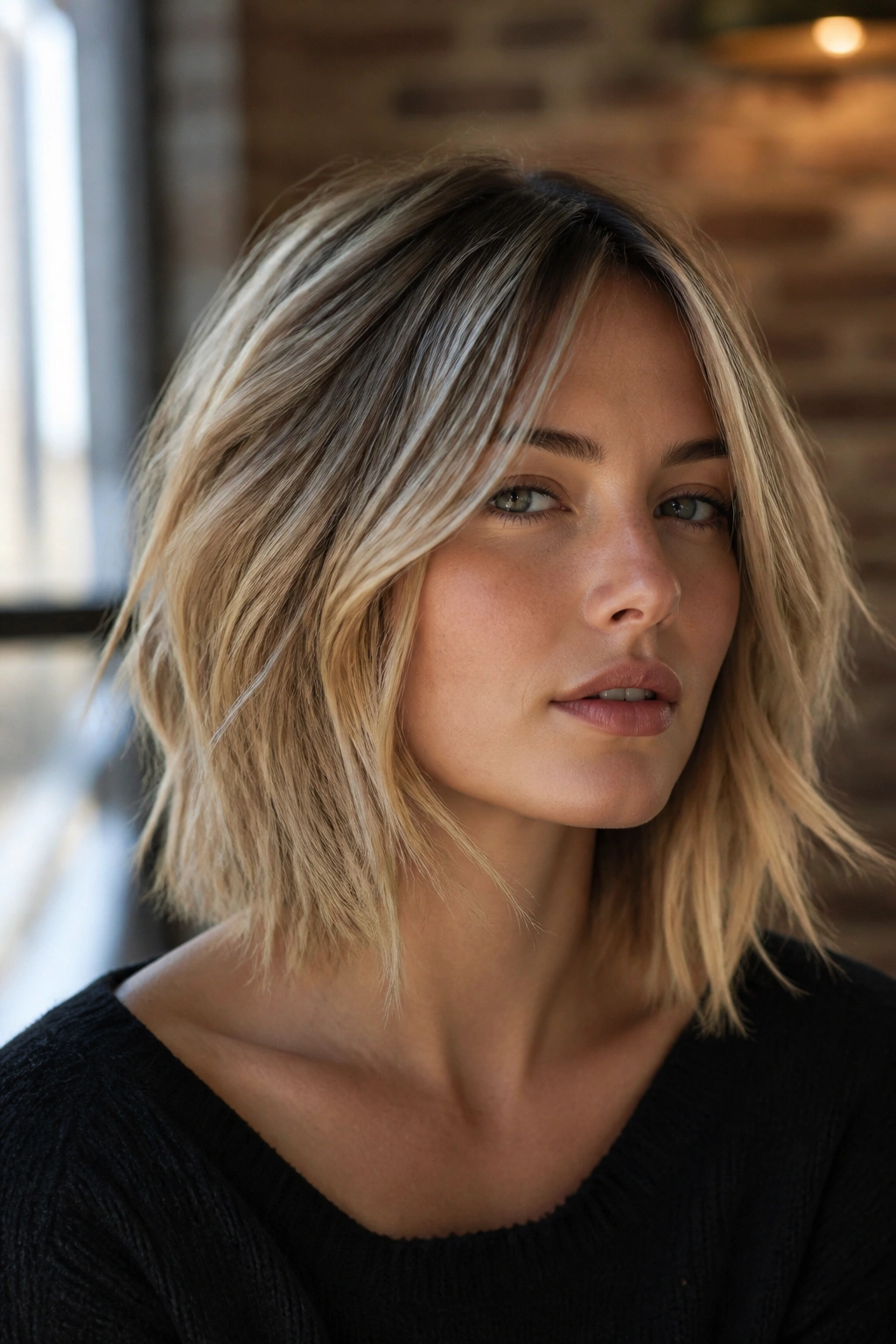 Close-up portrait of a real woman with shaggy blond lob and razor ends hairstyle.