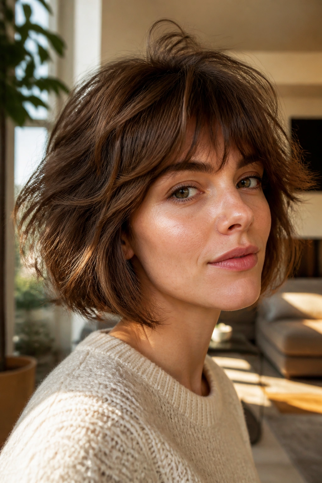 Close-up of real woman with shaggy bob and airy crown layers