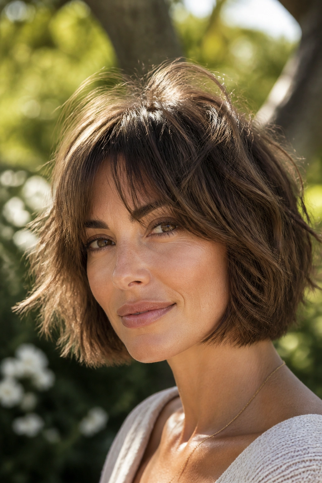 Shaggy bob with airy crown layers on real woman in sunlit garden.