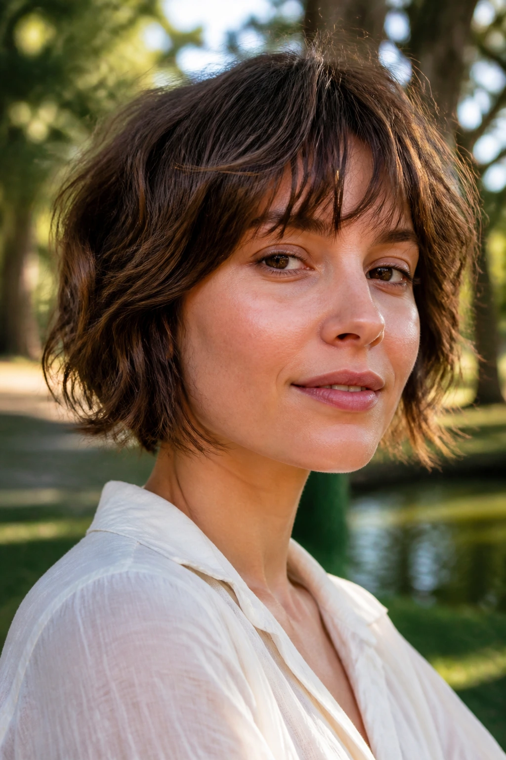 Close-up of a real woman with a shaggy bob and airy fringe in natural light
