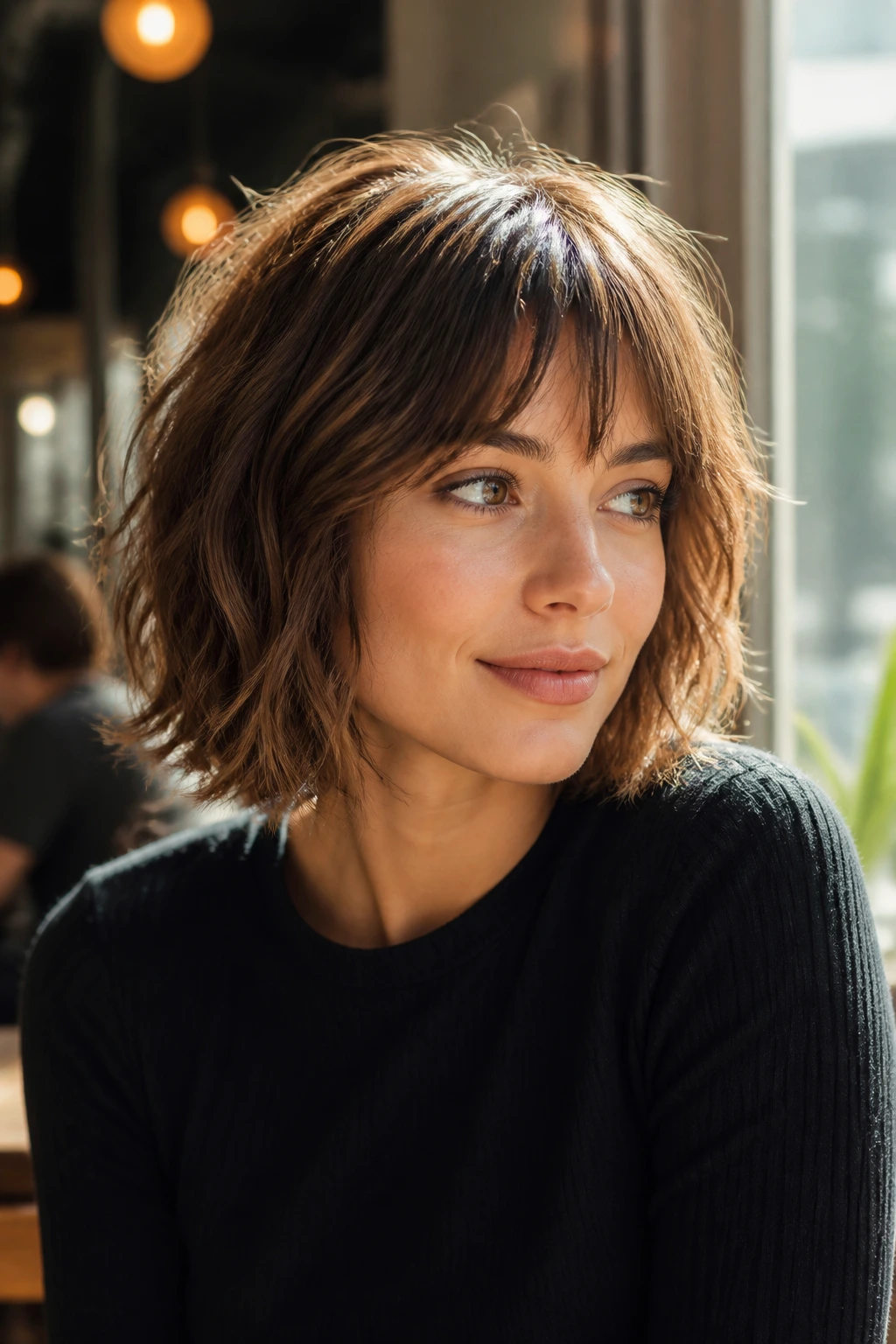 Close-up of a real woman with a shaggy bob and airy fringe.