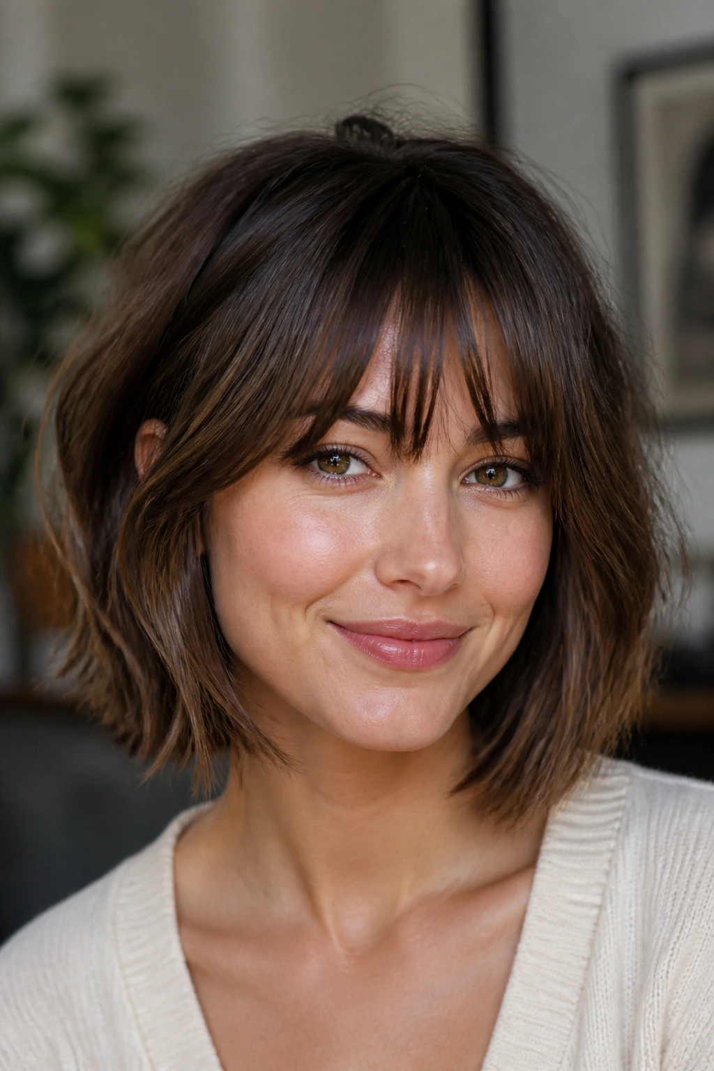 Real person with shaggy bob and bottleneck bangs in soft home lighting