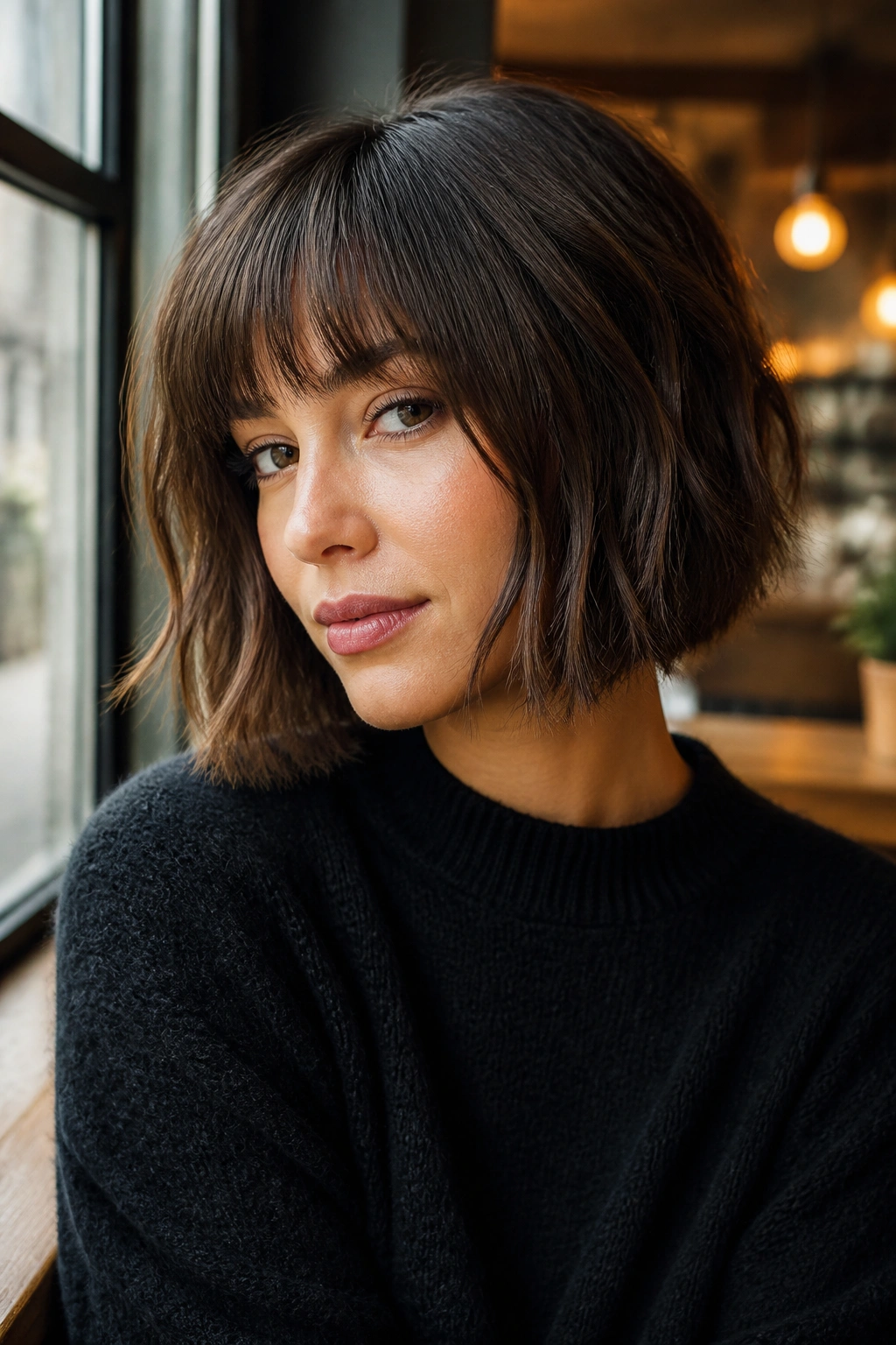 Close-up of a real woman with shaggy bob and bottleneck bangs in brunette
