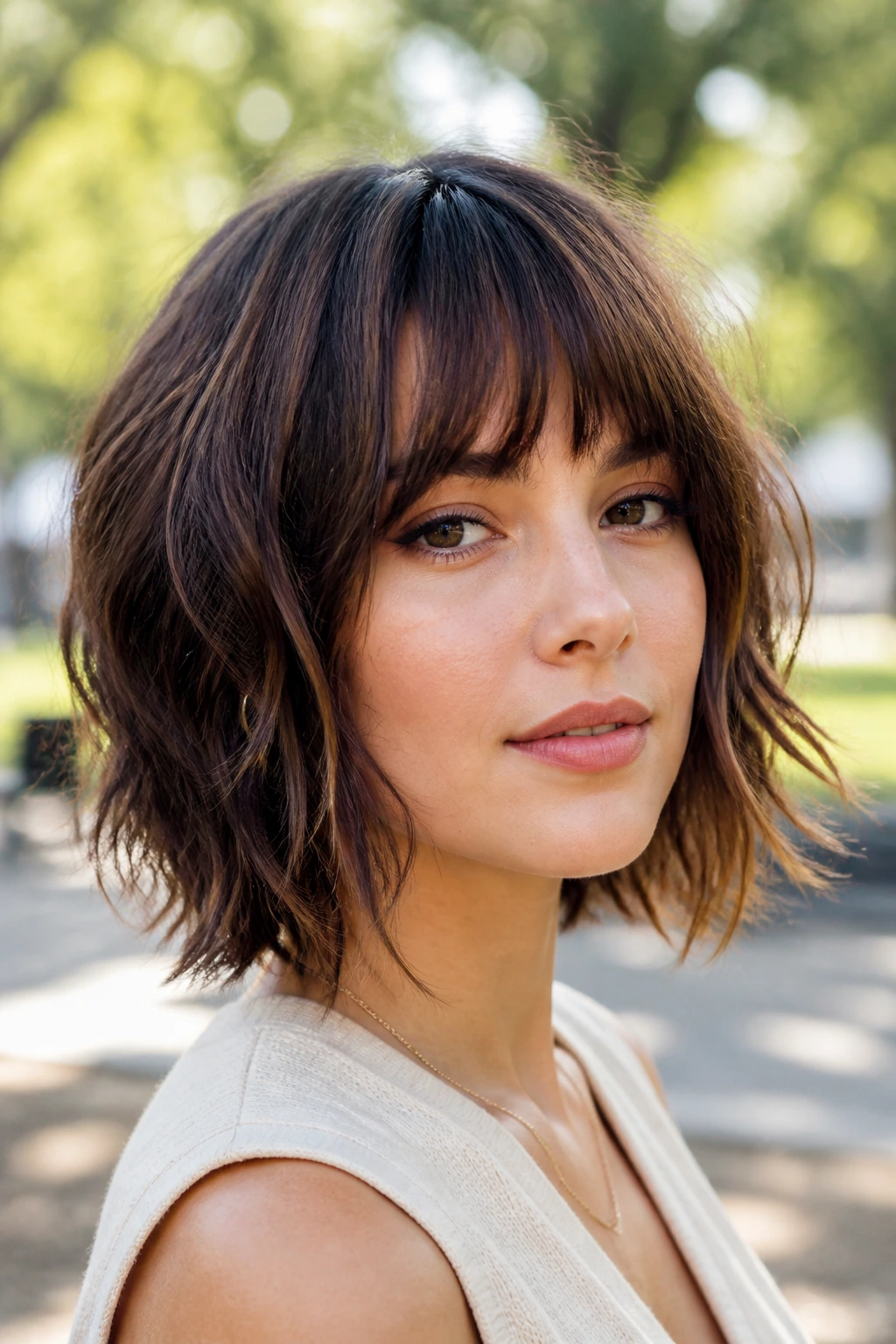 Close-up portrait of a real woman with a shaggy bob and bottleneck bangs