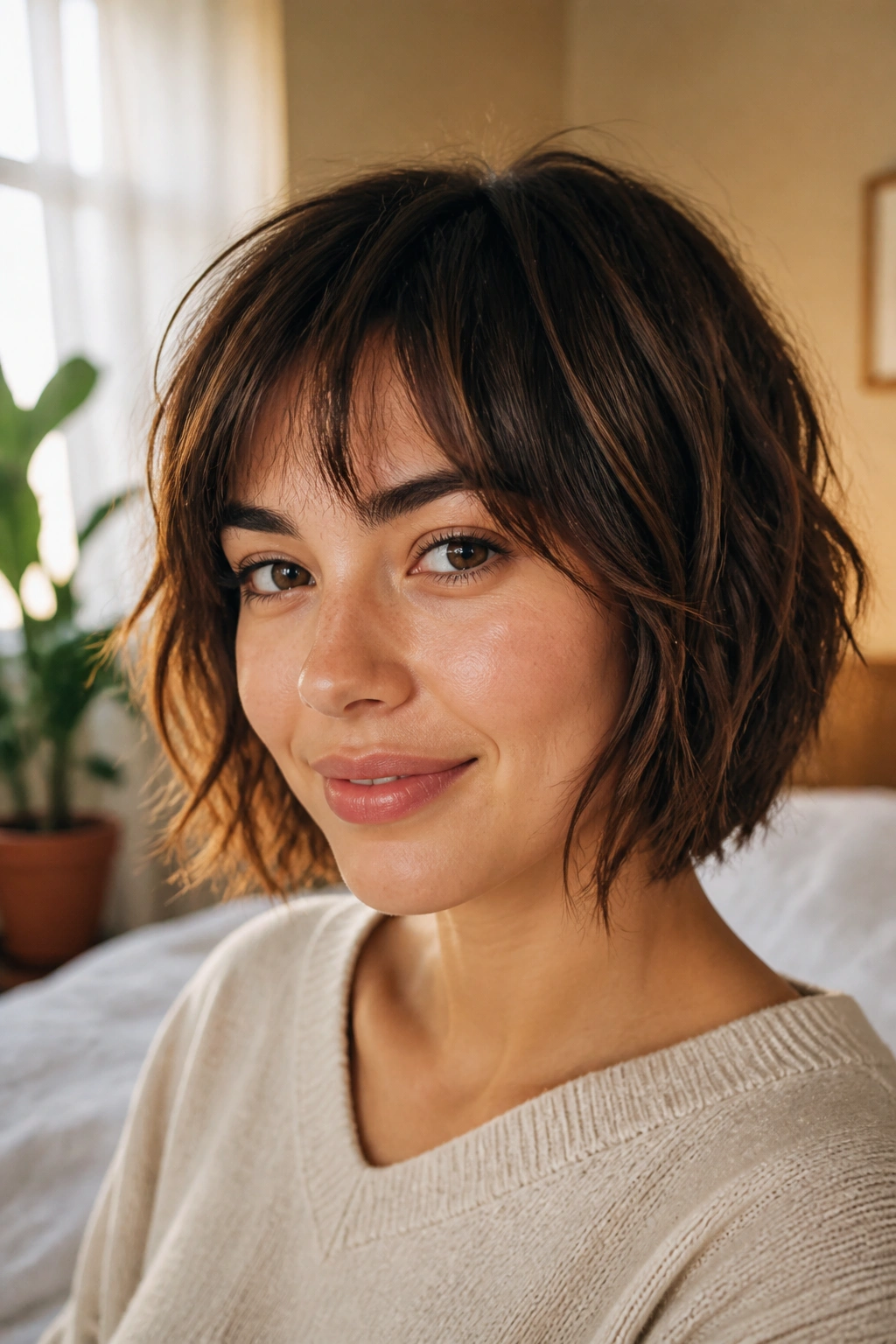 Close-up portrait of a woman with a shaggy bob and broken layers around the cheeks, warm window light.
