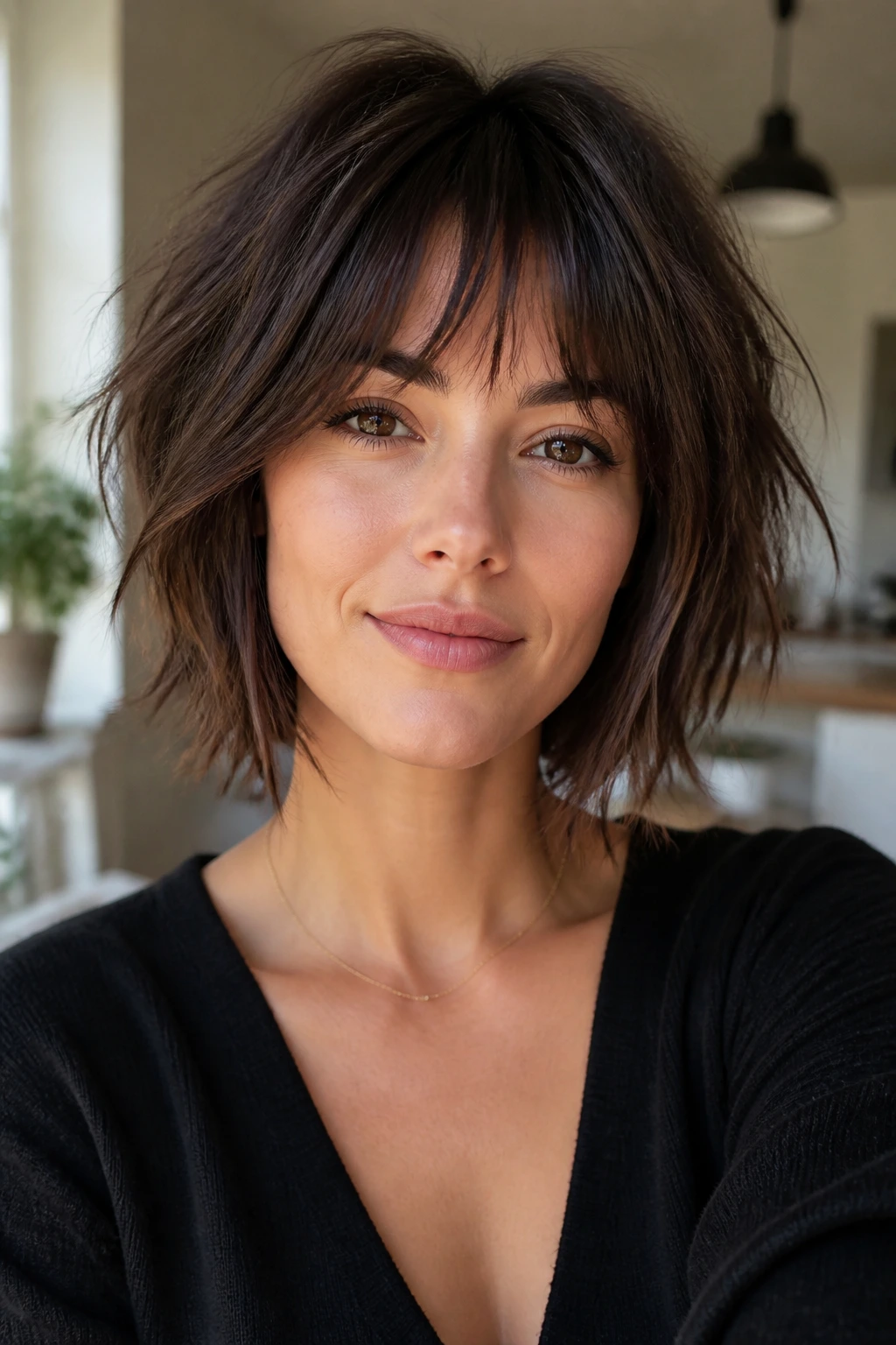 Real woman with a shaggy bob and choppy ends in a natural indoor setting.