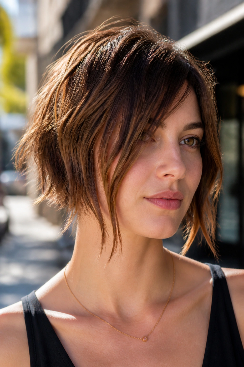 Close-up of a real woman with a shaggy bob and choppy layers on a sunny street.