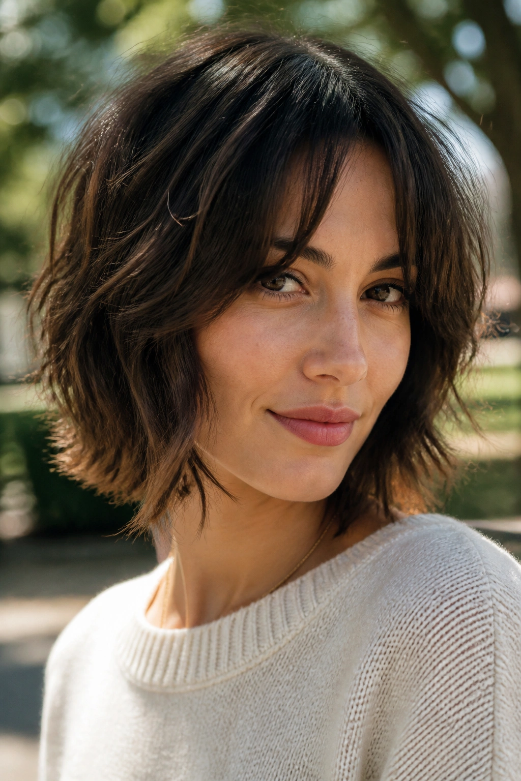 Close-up portrait of a real woman with a shaggy bob and curtain bangs.