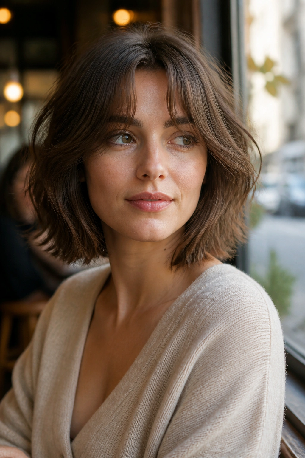 Close-up portrait of a real woman with shaggy bob and curtain bangs