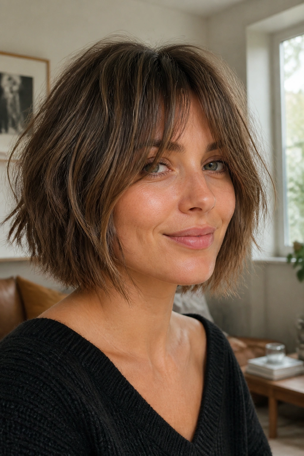 Close-up of a woman with a shaggy bob and curtain bangs grazing her brows.