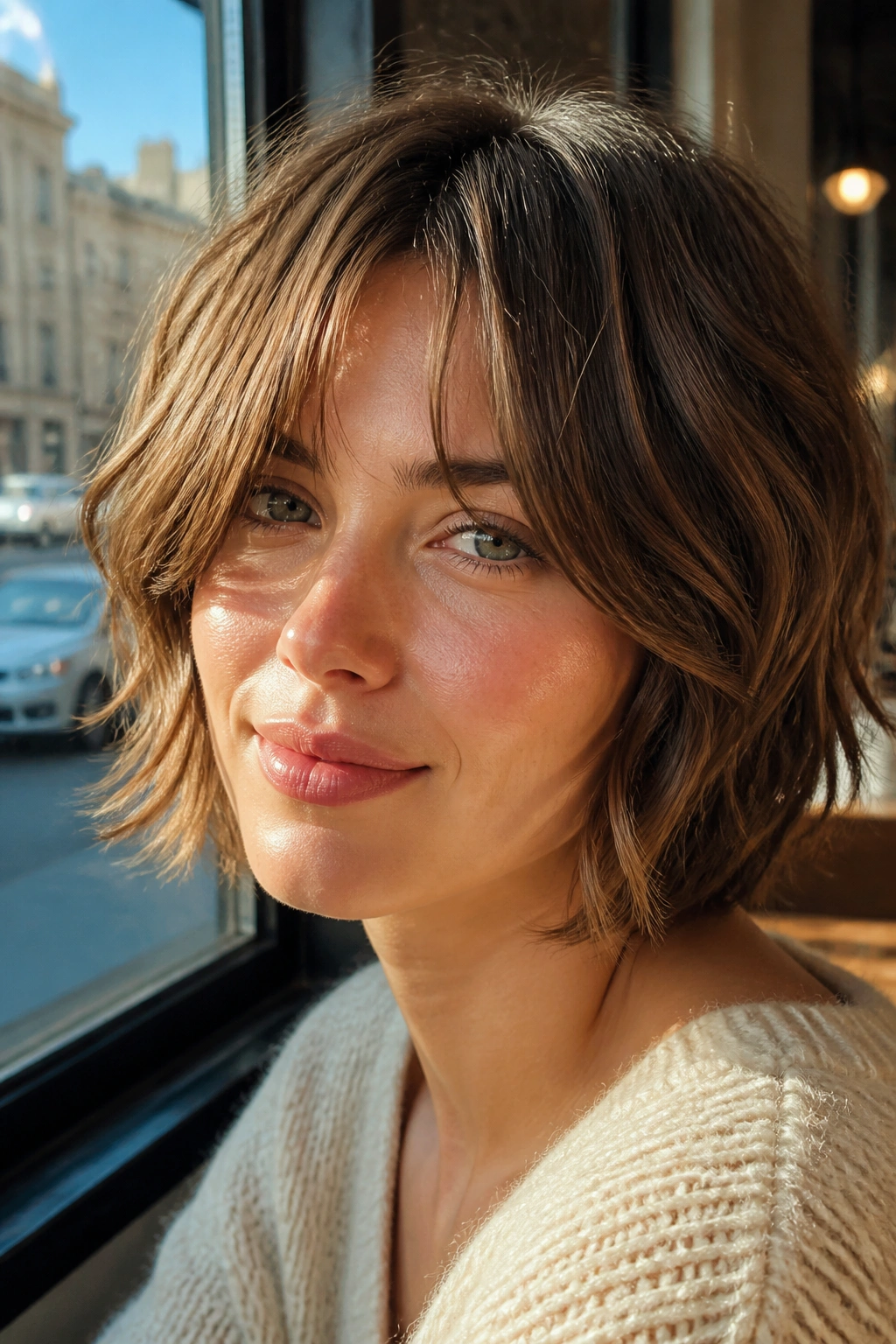 Close-up portrait of a real person with a shaggy bob and curtain fringe.