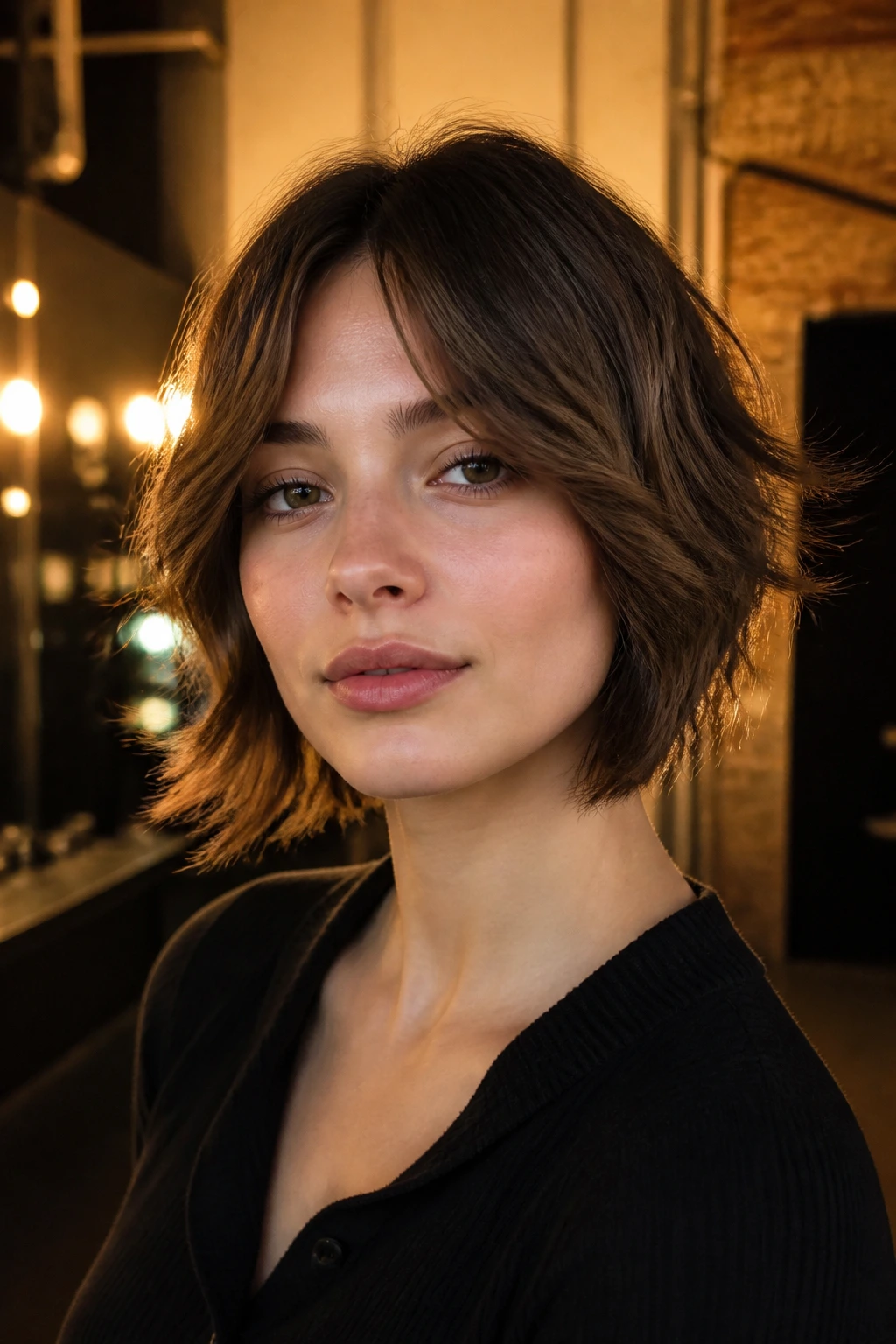Close-up portrait of a real woman with shaggy bob and curtain fringe in a sunlit backstage area