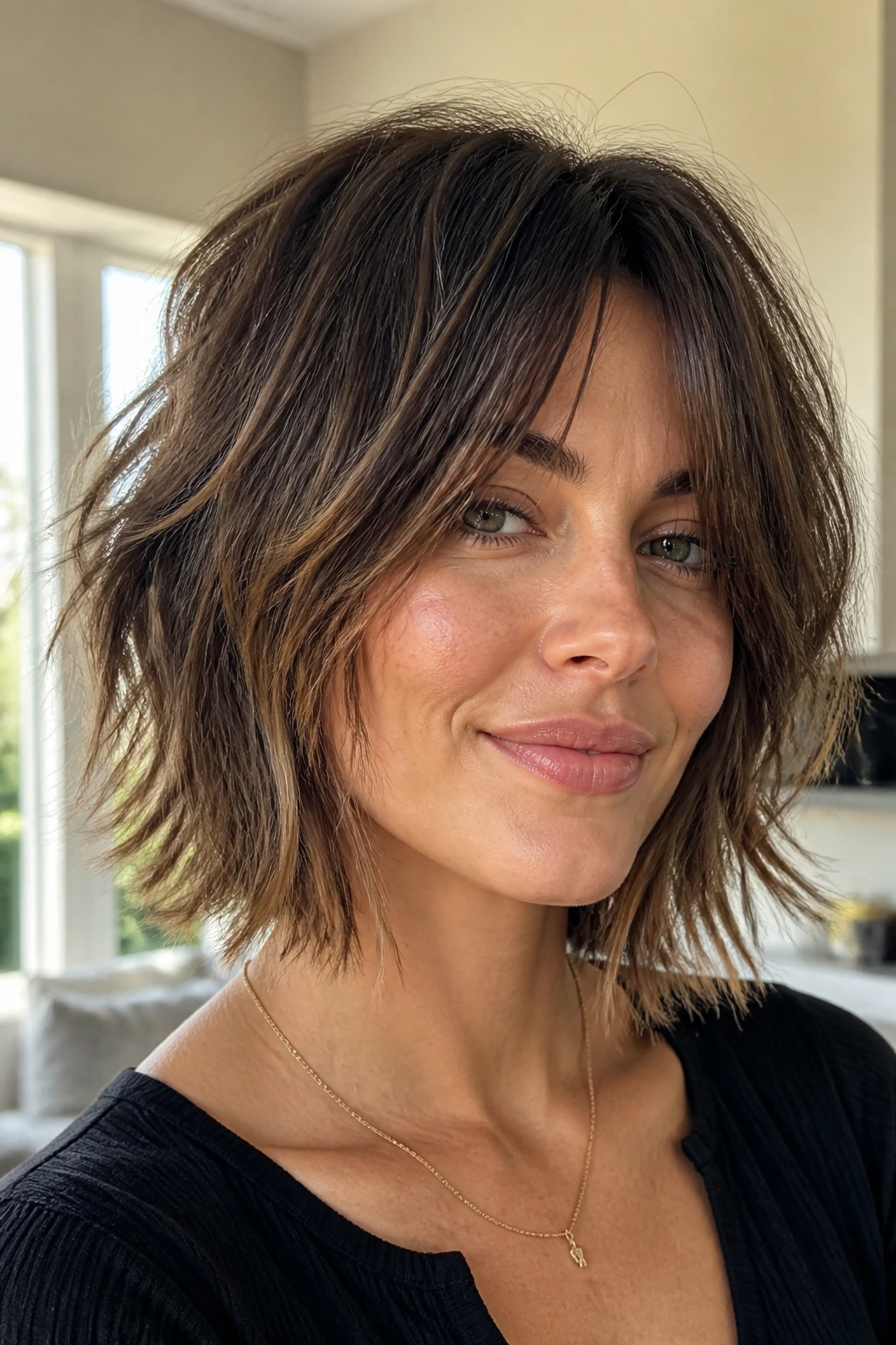 Close-up portrait of a real woman with a shaggy bob and razored ends