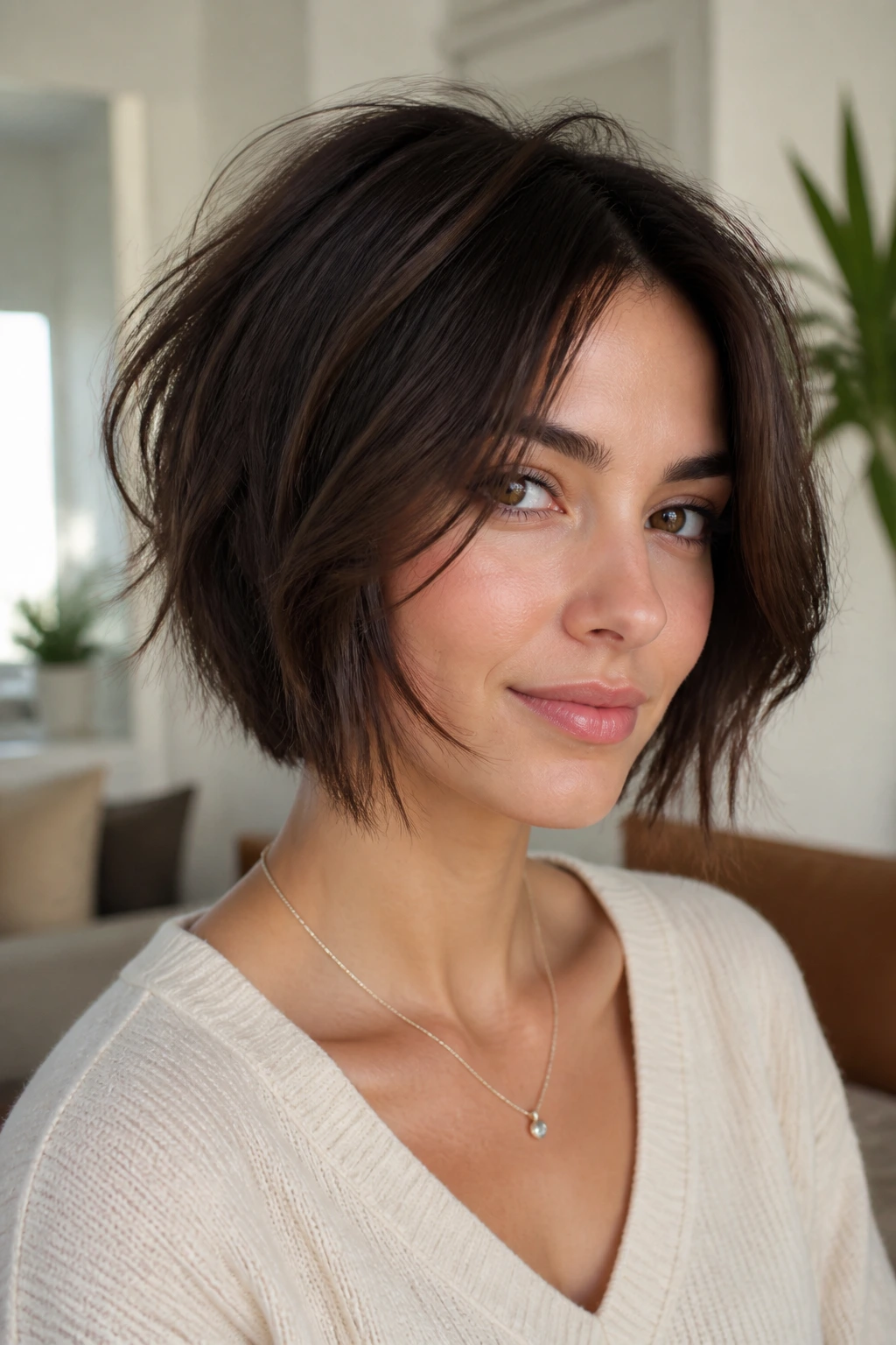 Close-up portrait of a real woman wearing a shaggy bob with face-framing pieces starting below the cheekbones.