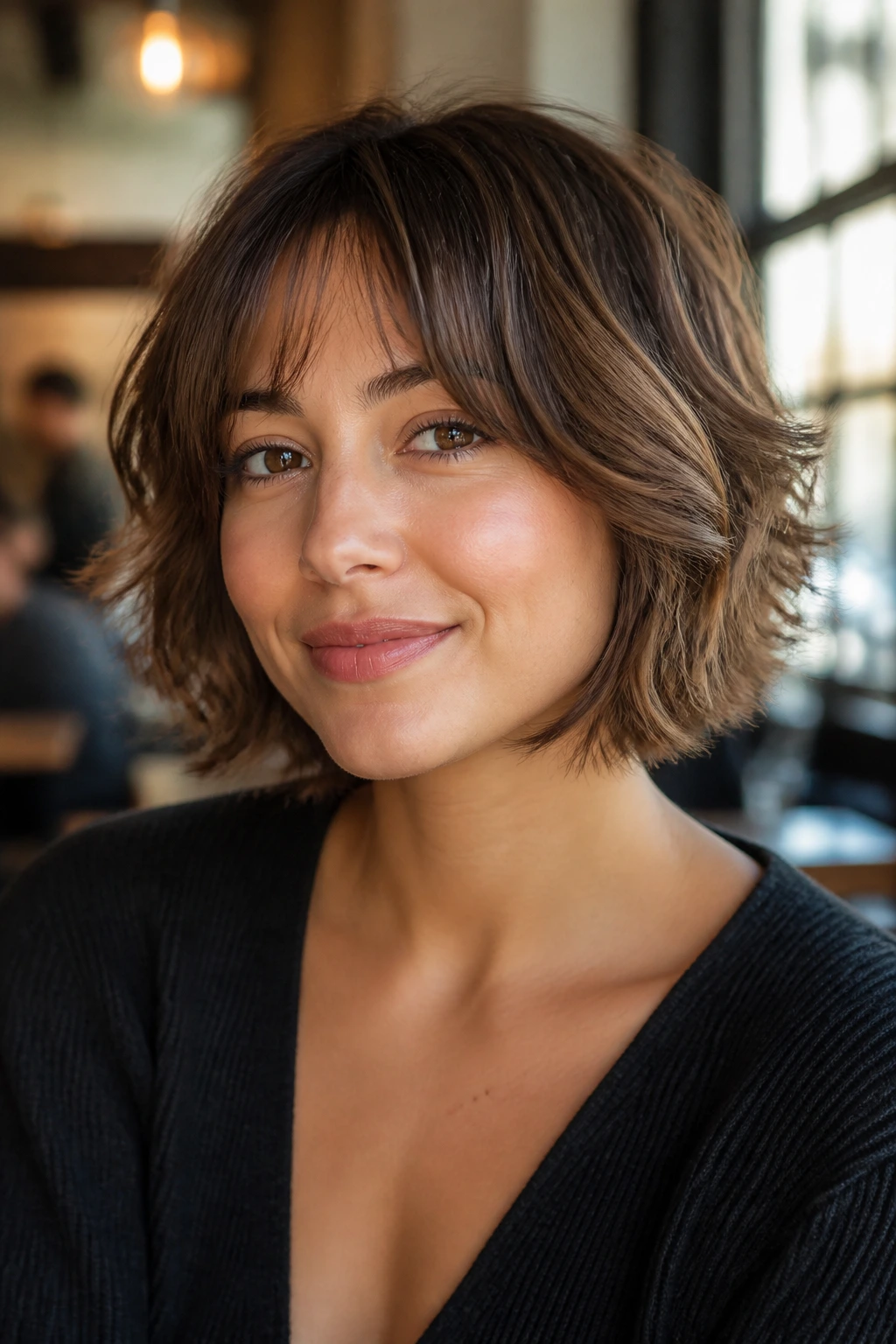 Close-up of a woman with a shaggy bob with feathered ends in a cafe