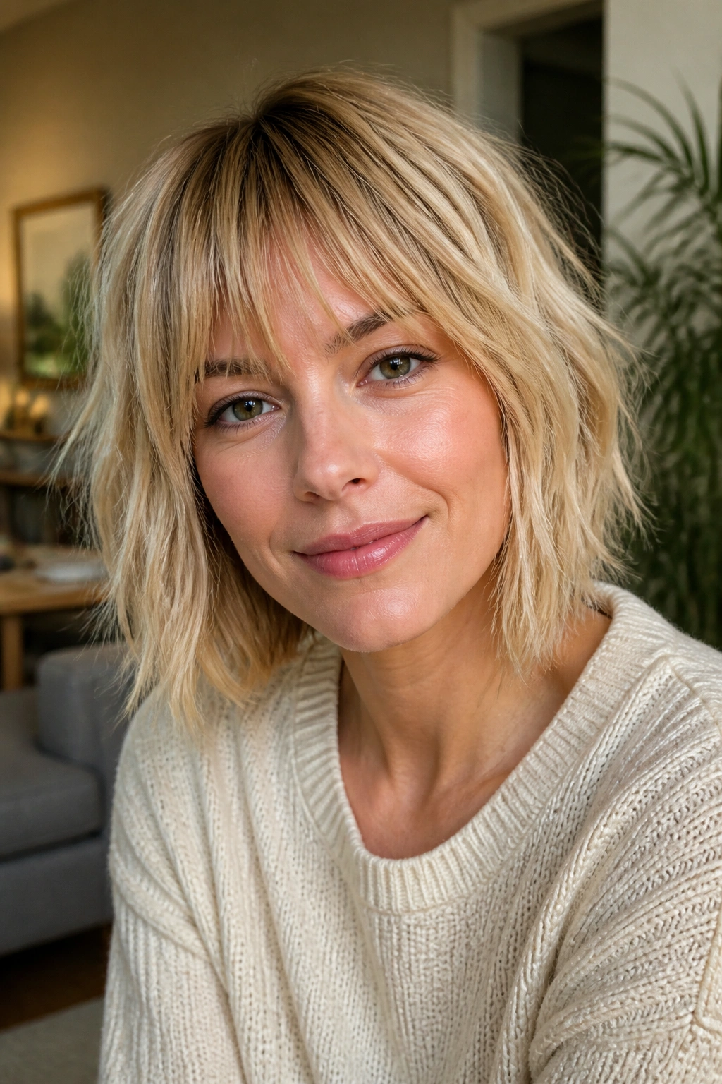 Close-up portrait of a real woman with a shaggy bob and light fringe, soft interior lighting.