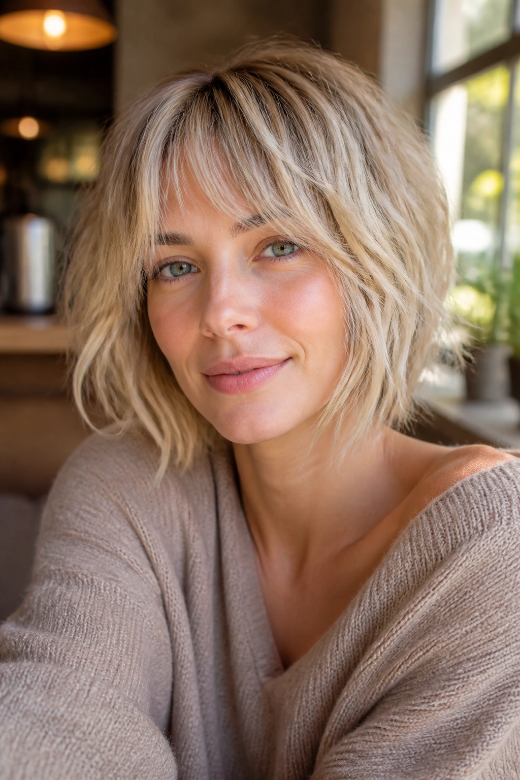 Real woman with shaggy bob and wispy fringe in warm cafe lighting.