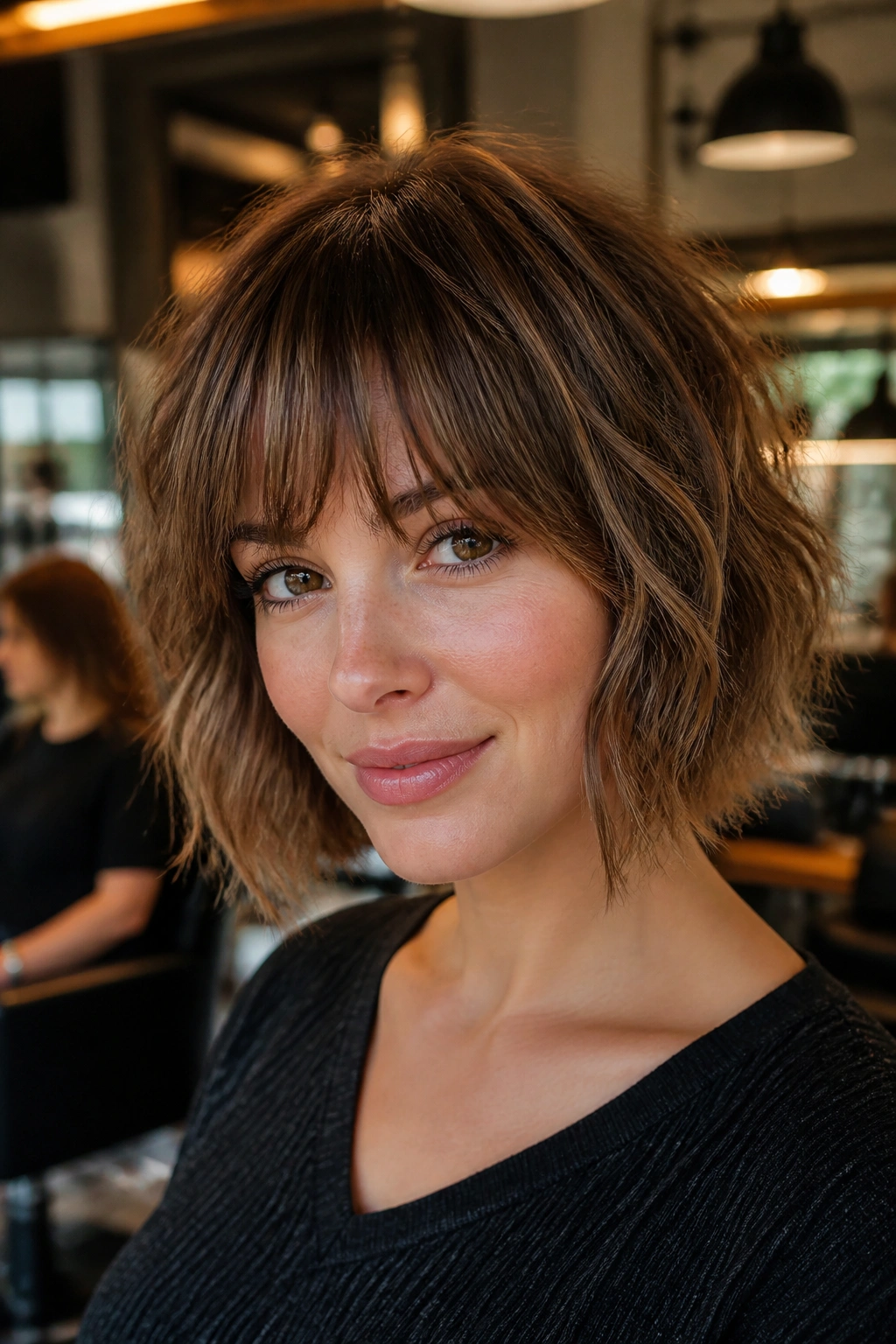 Close-up of a real woman with a shaggy bob and wispy fringe