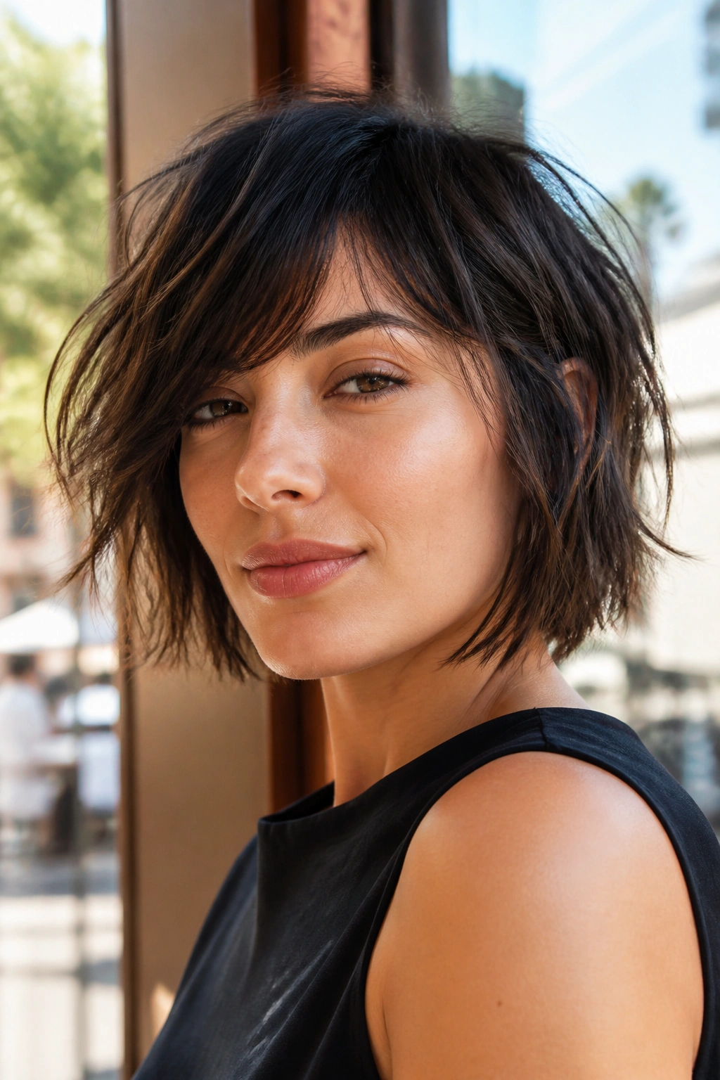 Shaggy bob with off-center fringe on real woman in cafe window light