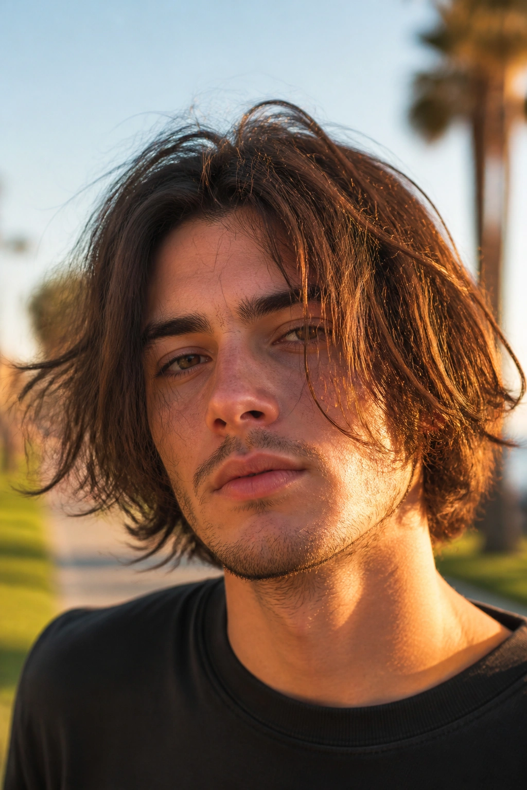 Close-up portrait of a real man with a shaggy bob and choppy layers in natural outdoor light.