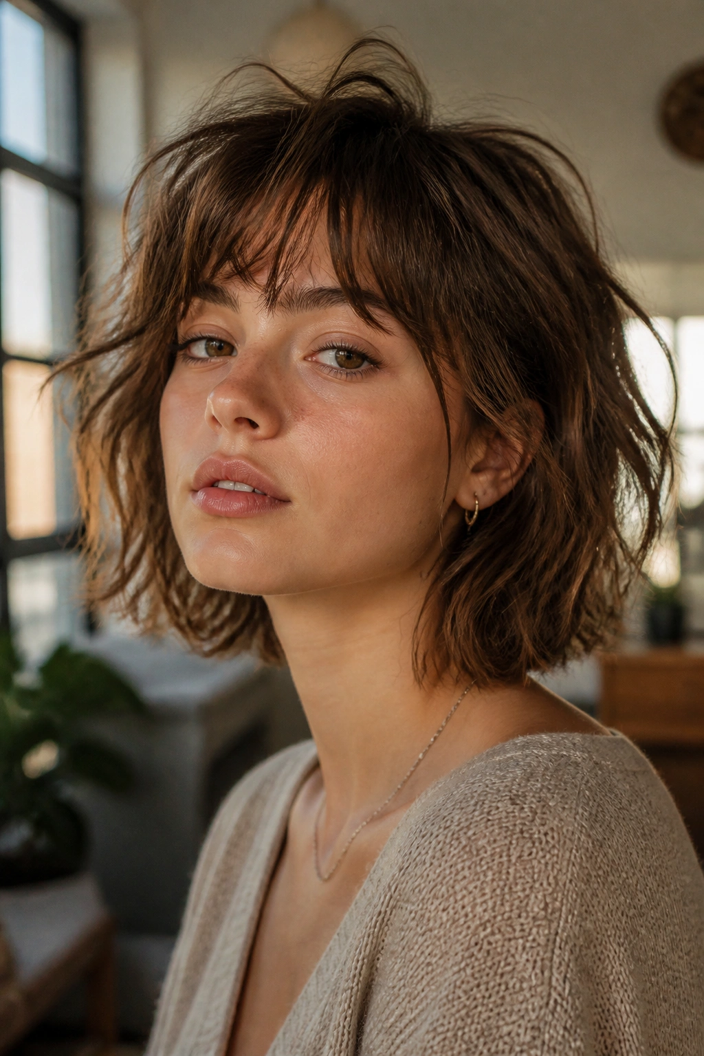 Close-up portrait of a girl with a shaggy bob showing texture