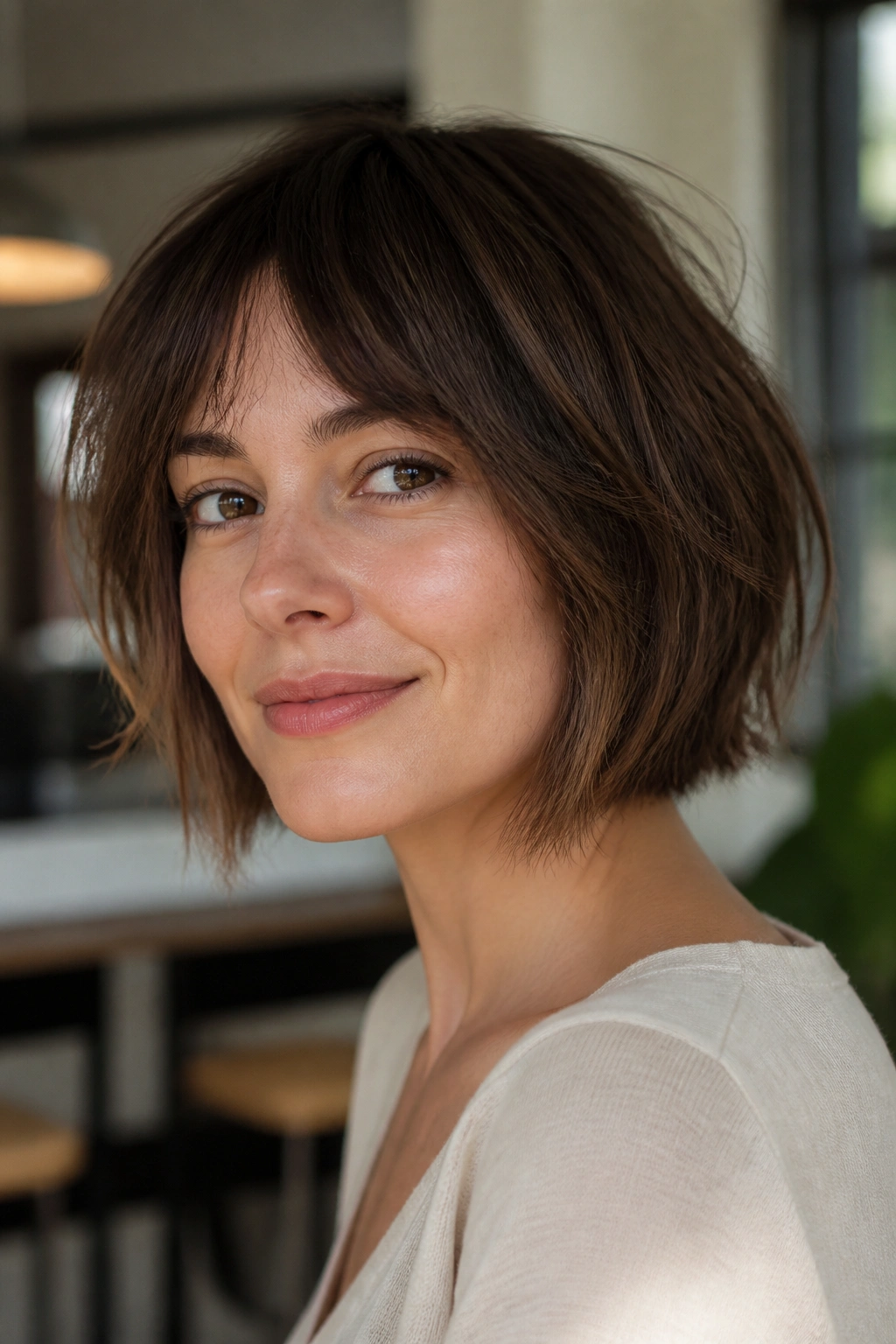 Close-up portrait of a real woman with a shaggy bob and light layers