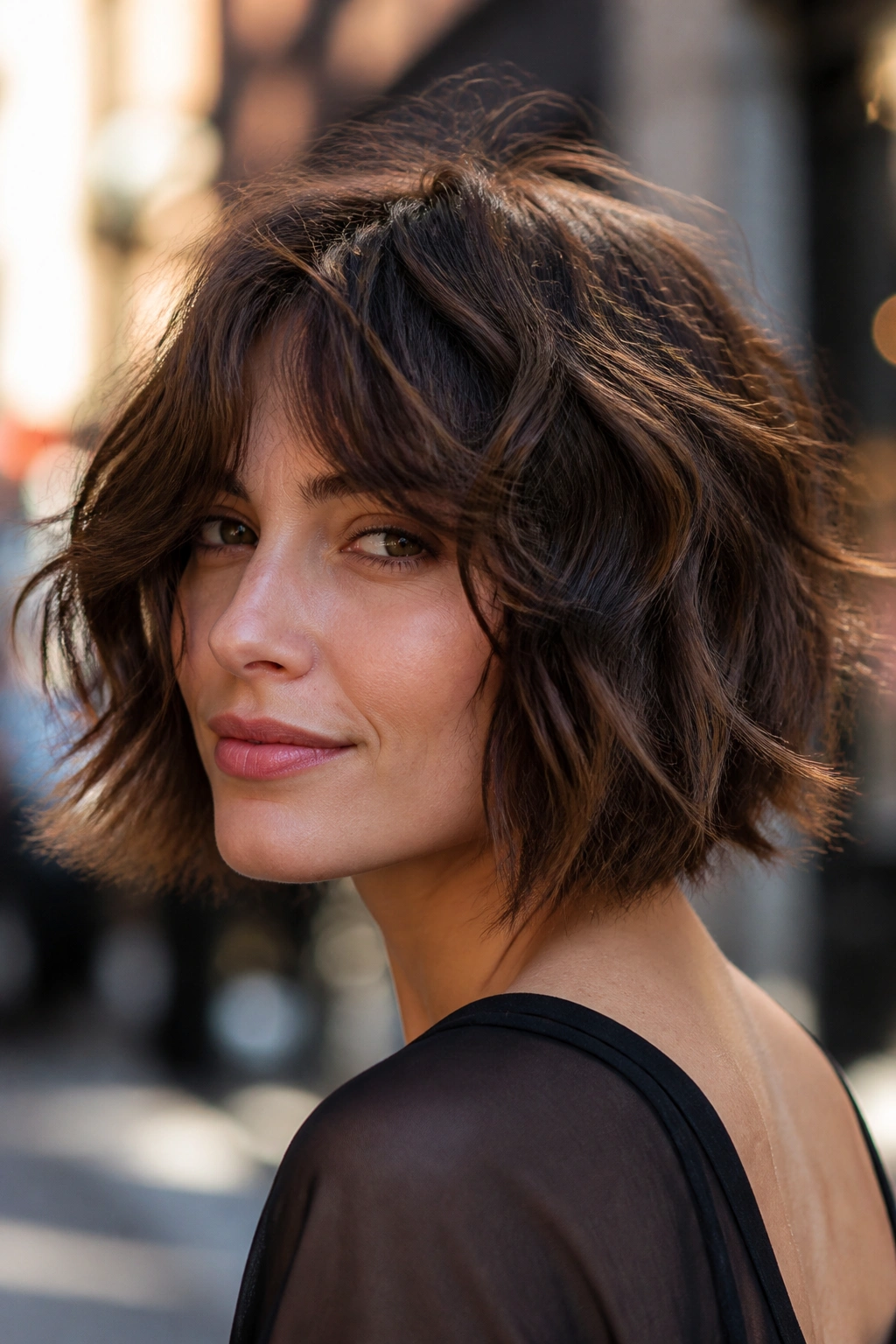 Close-up portrait of a real woman with a shaggy bob and choppy layers for wavy hair.