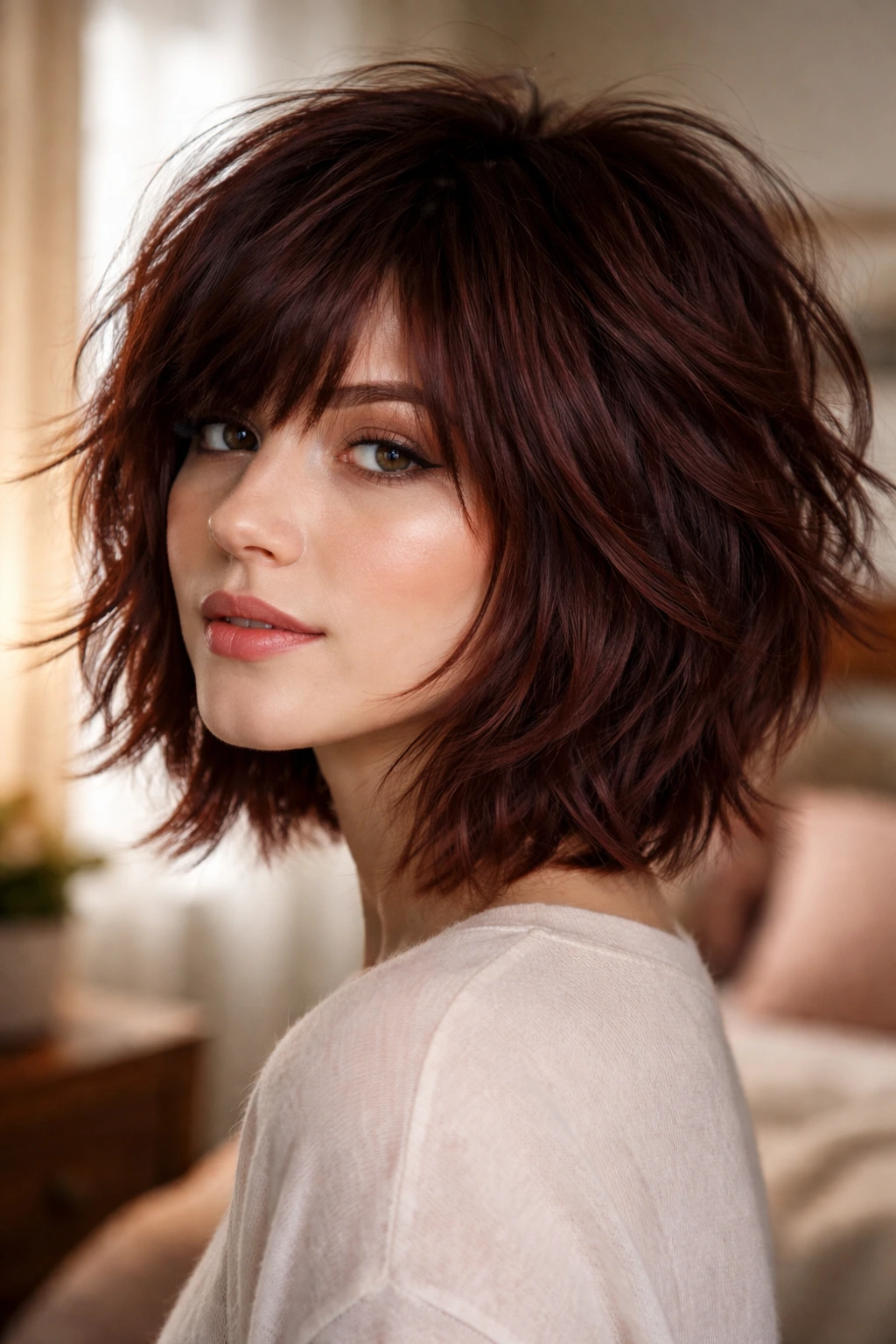 Close-up of a real woman with a crown-focused shaggy bob in mahogany, photographed in a warm bedroom.