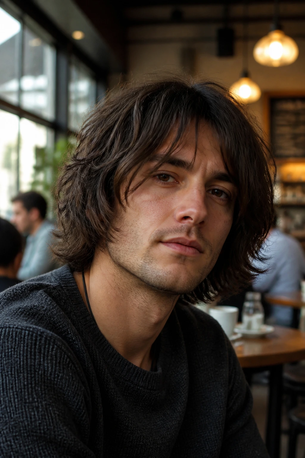 Real man with textured shaggy bob in a cafe setting.