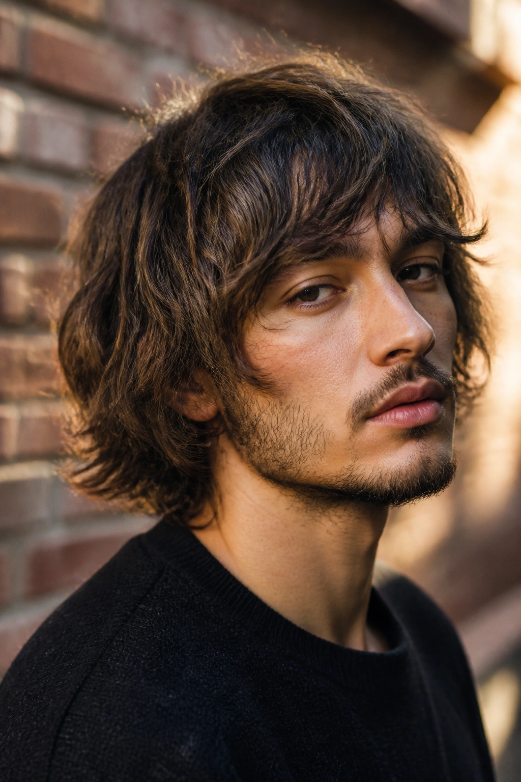Close-up portrait of a man with a shaggy bob haircut in warm outdoor light