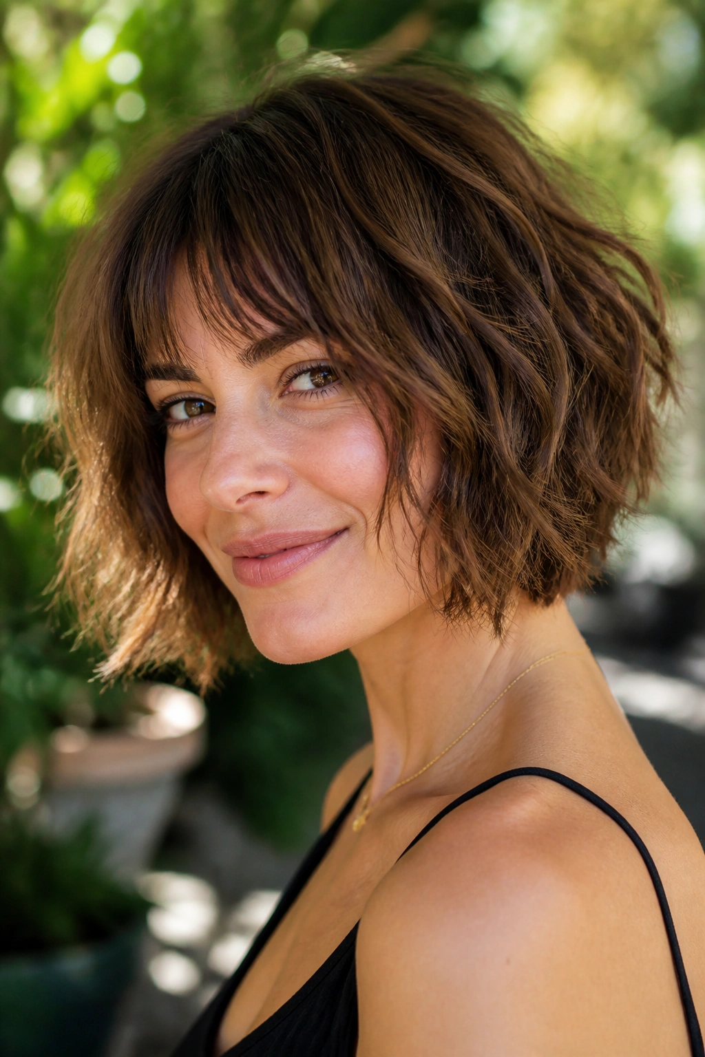 Close-up portrait of a woman with a shaggy bob featuring micro layers outdoors on a sunlit patio