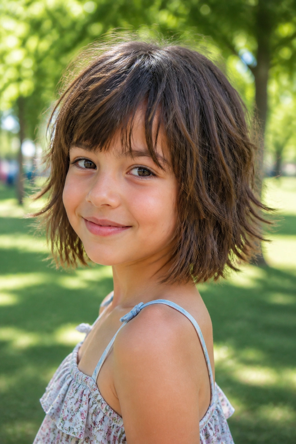 Real child with shaggy bob and fringe in park sunlight