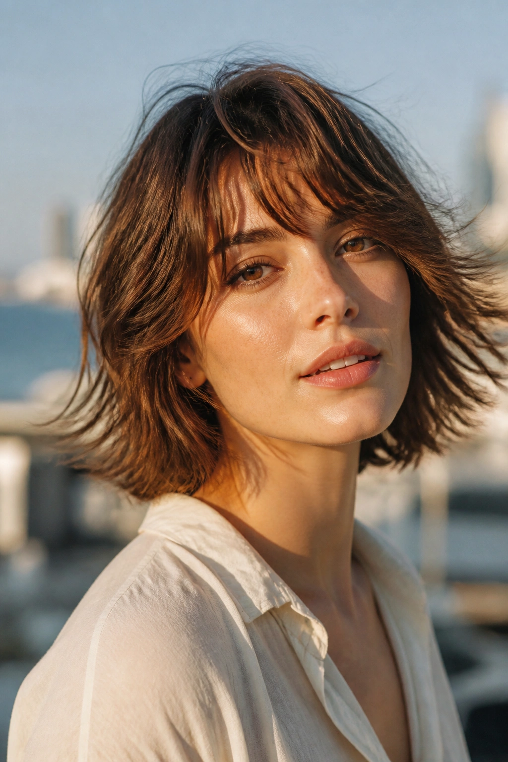Portrait of a real woman with a shaggy bob and airy movement around the face