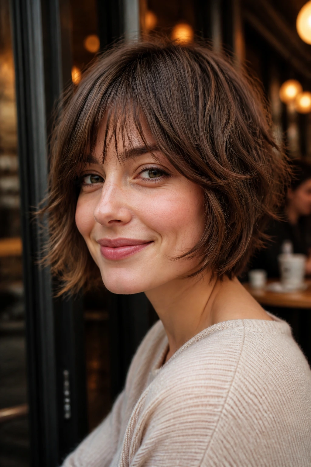 Close-up portrait of a woman with a shaggy bob in warm street-side cafe light