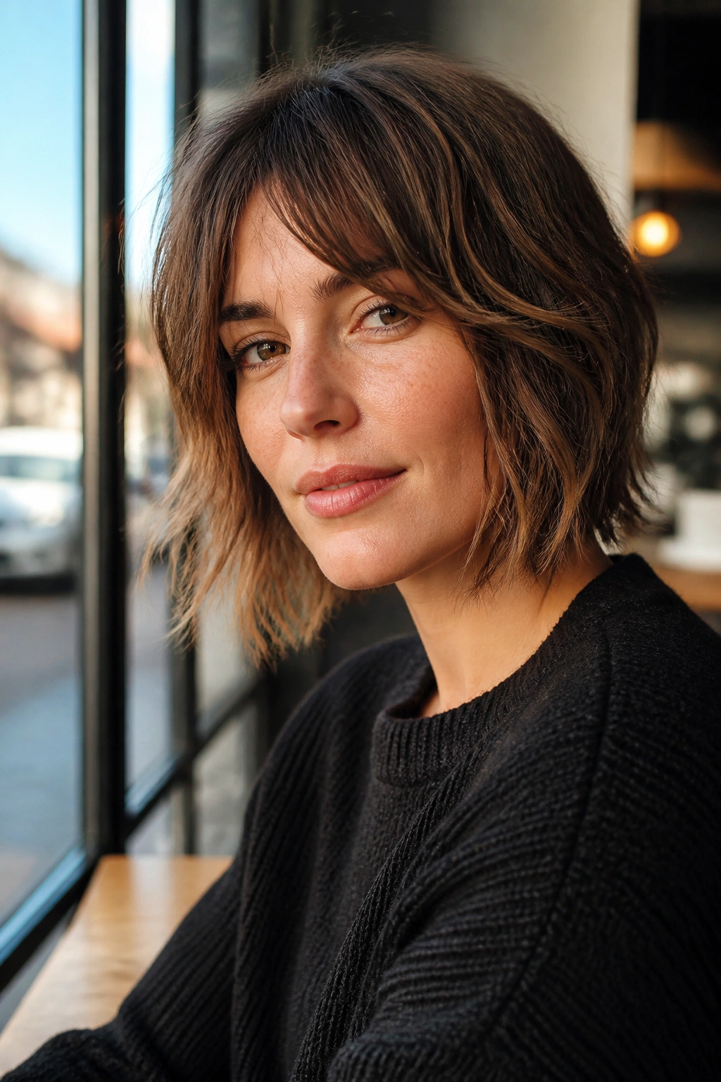 Portrait of a real woman with a shaggy bob and piecey ends in daylight.