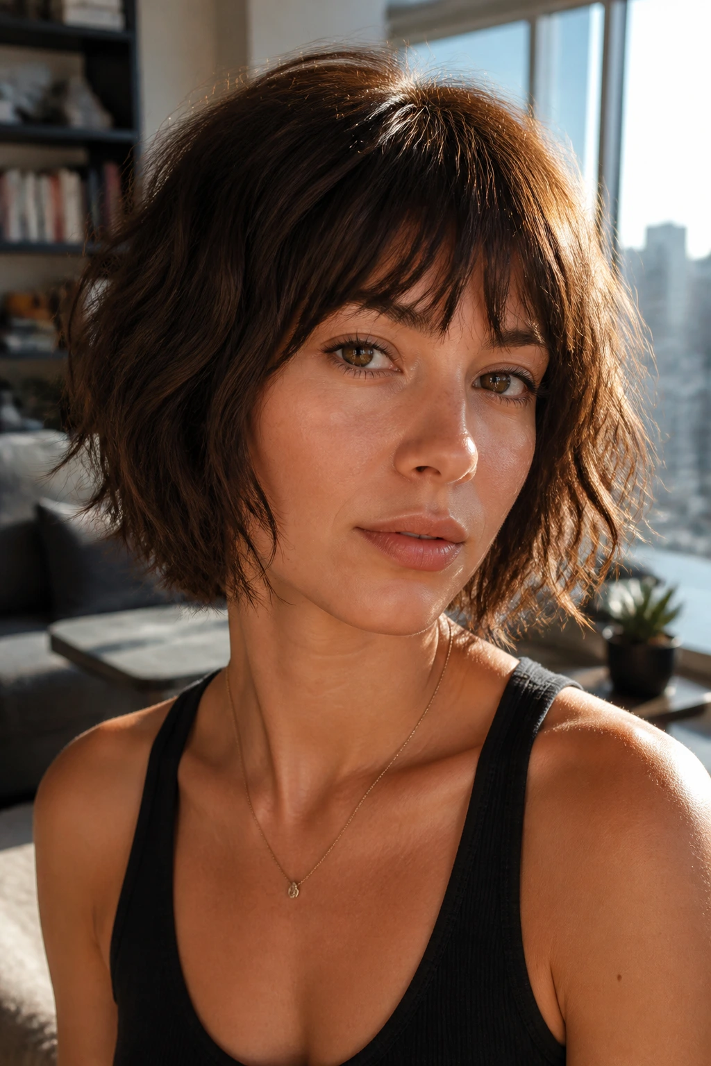 Portrait of brunette with shaggy bob and piecey ends.