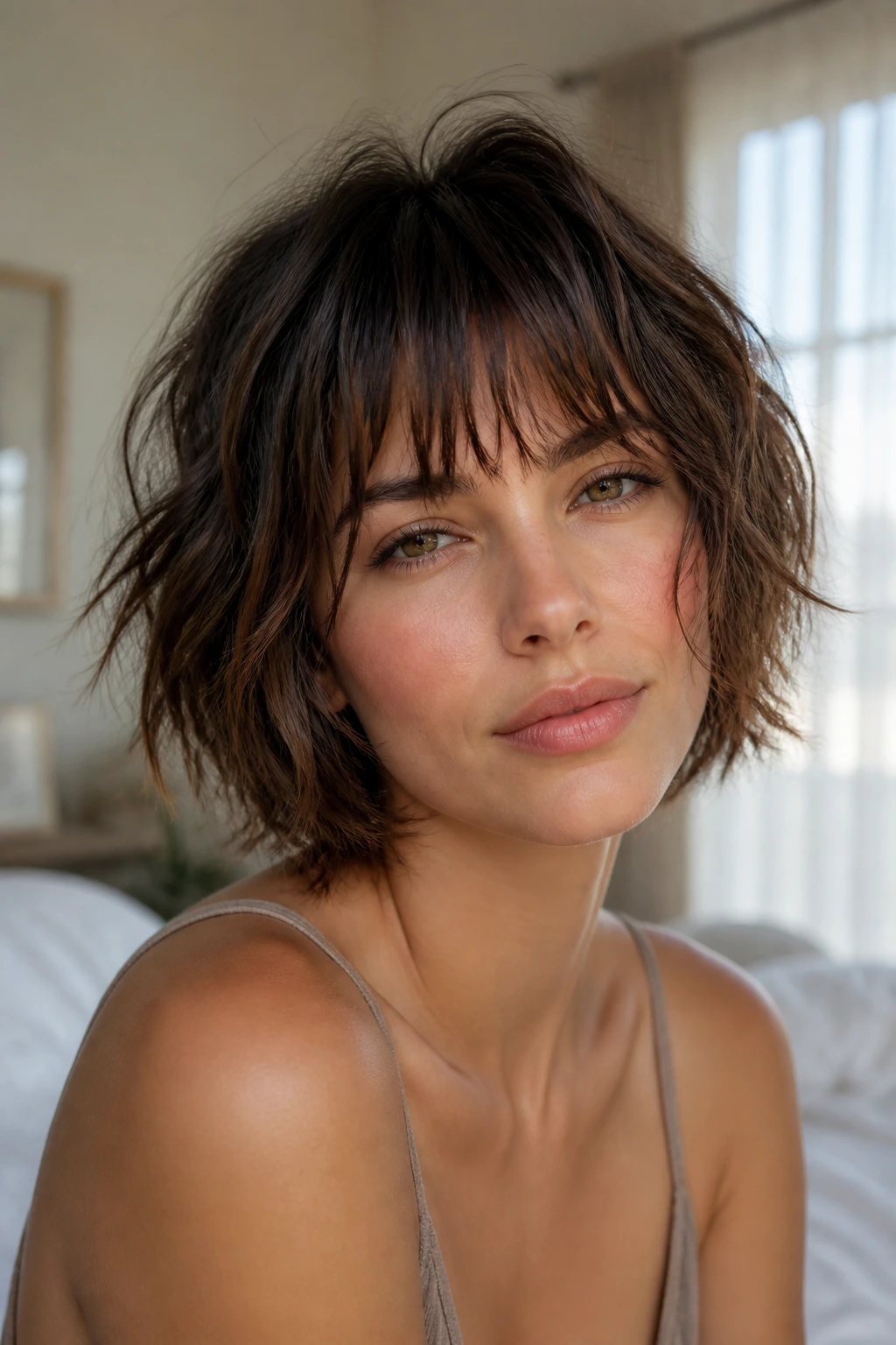 Close-up portrait of a real woman with a shaggy bob and piecey fringe in warm window light.