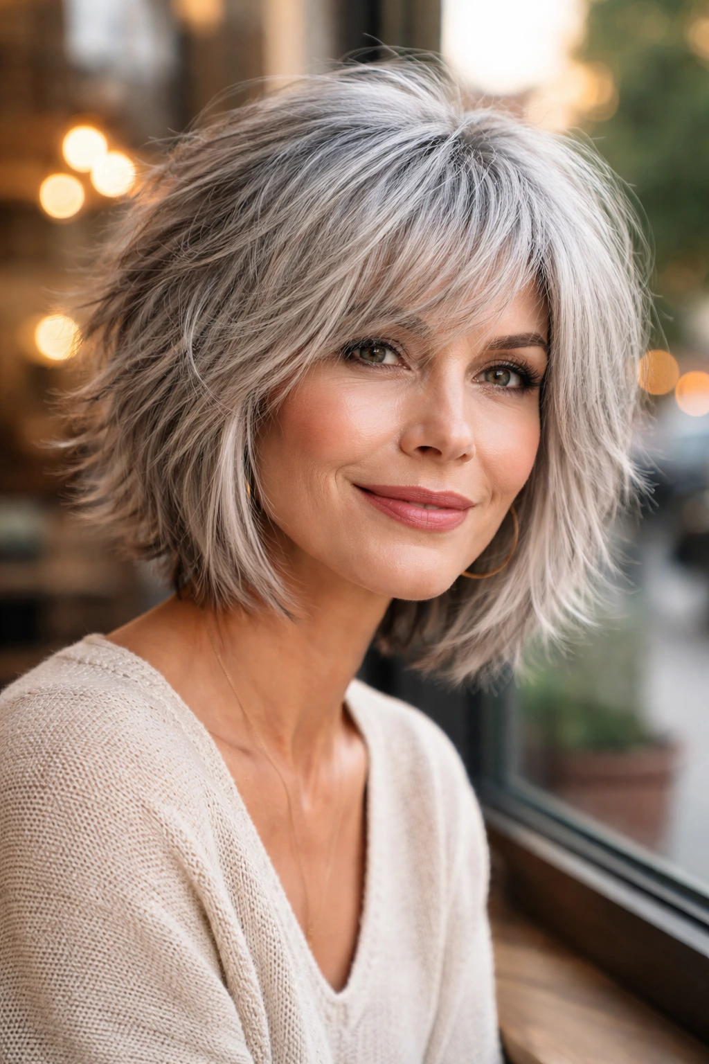 Portrait of a woman with a shaggy, layered silver-grey bob in cafe window light.