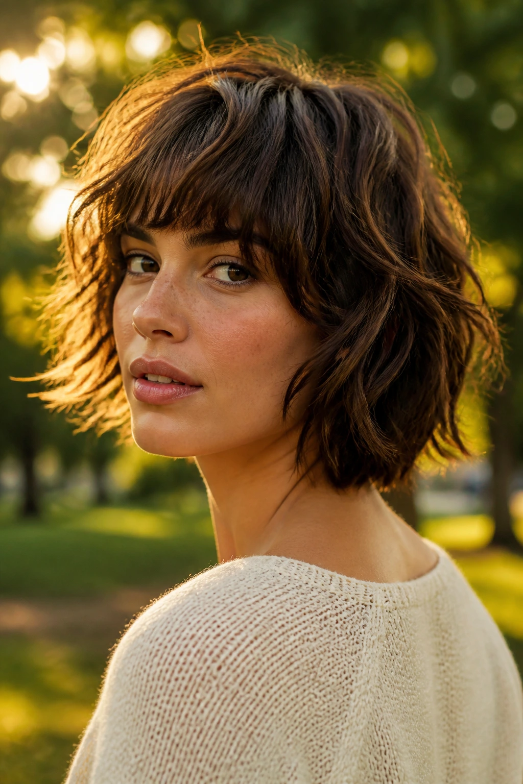 Close-up portrait of a real woman with a shaggy, layered bob in golden hour light