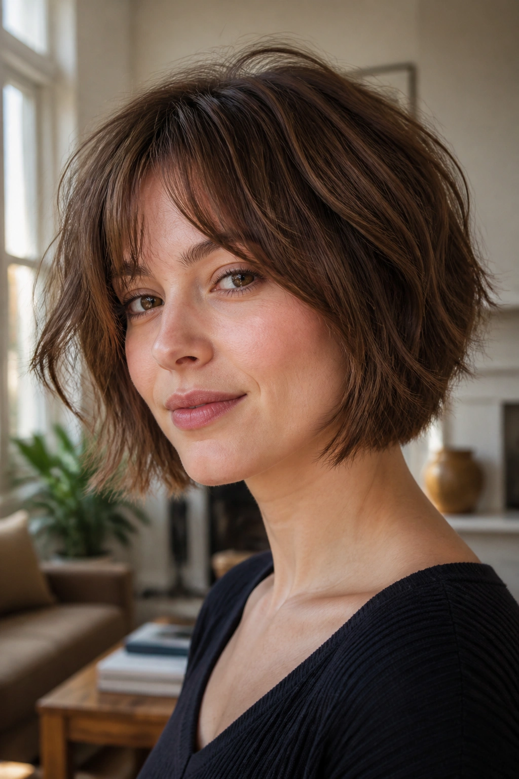 Close-up of a real woman with a controlled shaggy bob in natural window light.