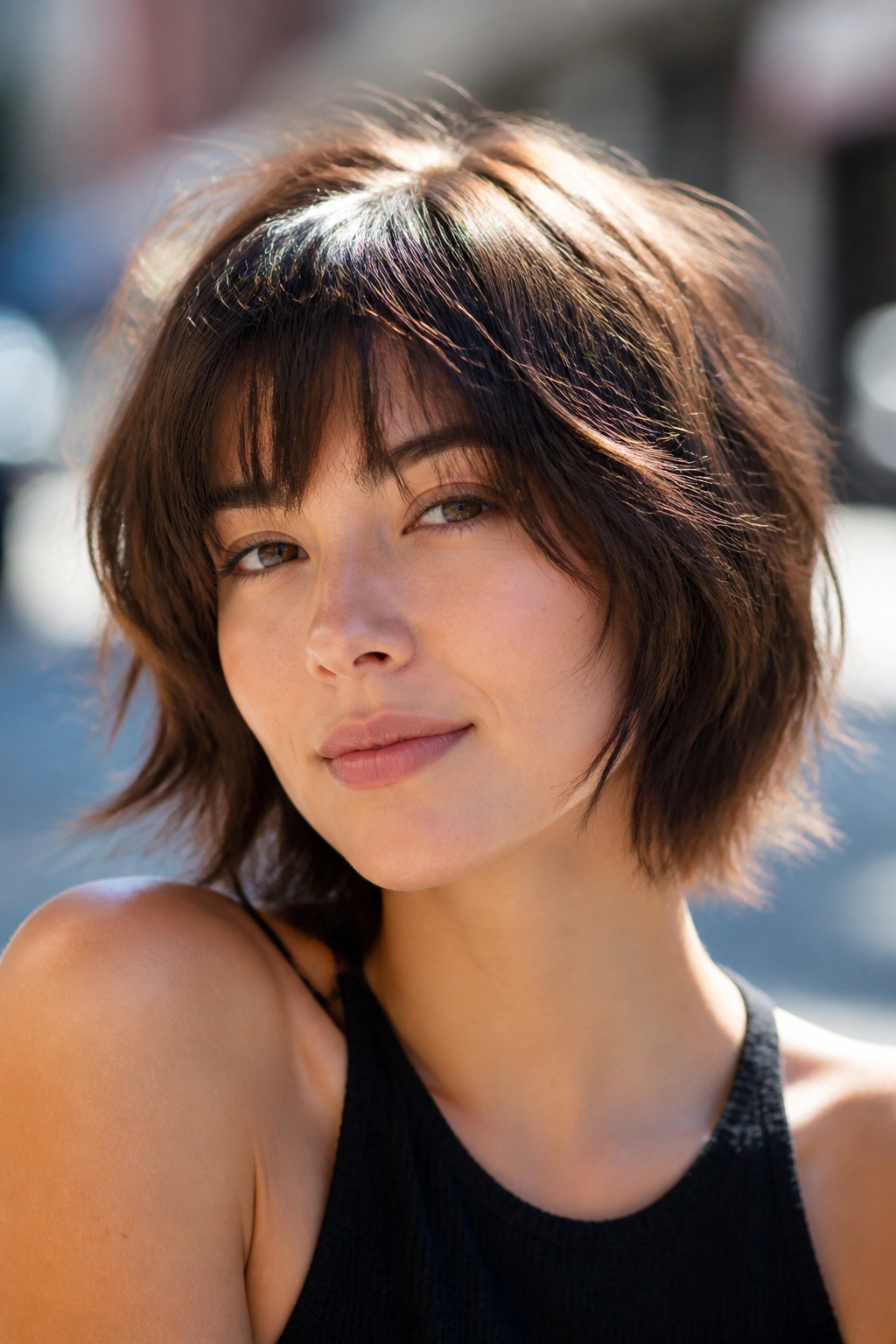 Close-up of a real woman with a shaggy bob and feathered layers