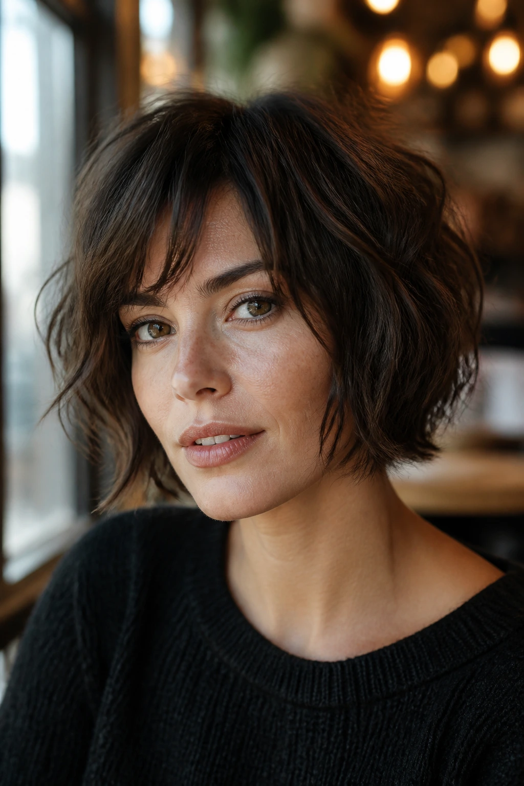 Close-up portrait of a woman with a textured shaggy bob hairstyle in warm cafe light