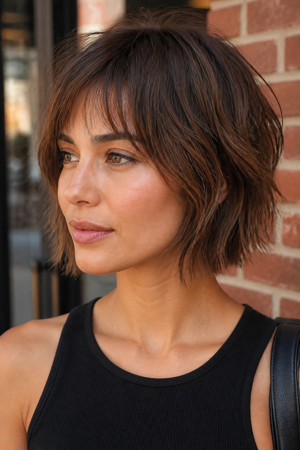 Real woman with shaggy bob and razored ends against brick wall