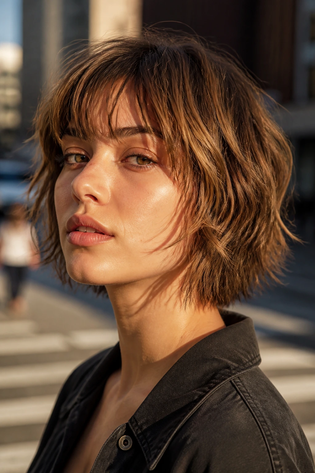 Portrait of a real woman with a shaggy bob and razored ends