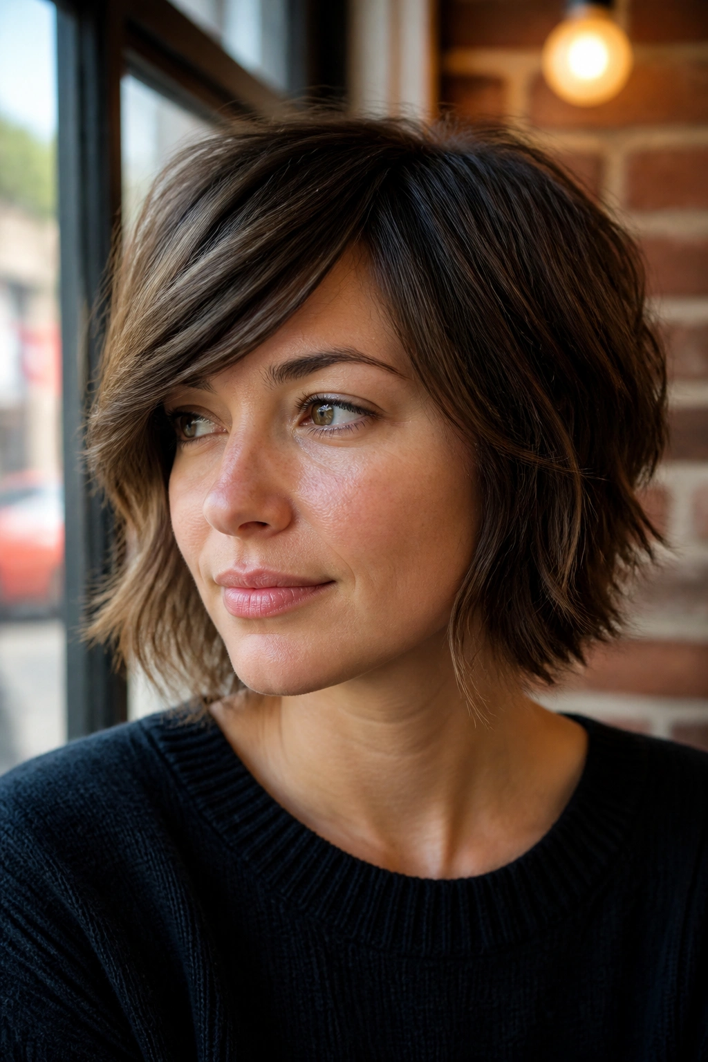 Close-up portrait of a real woman with a shaggy bob and side-swept bangs in daylight