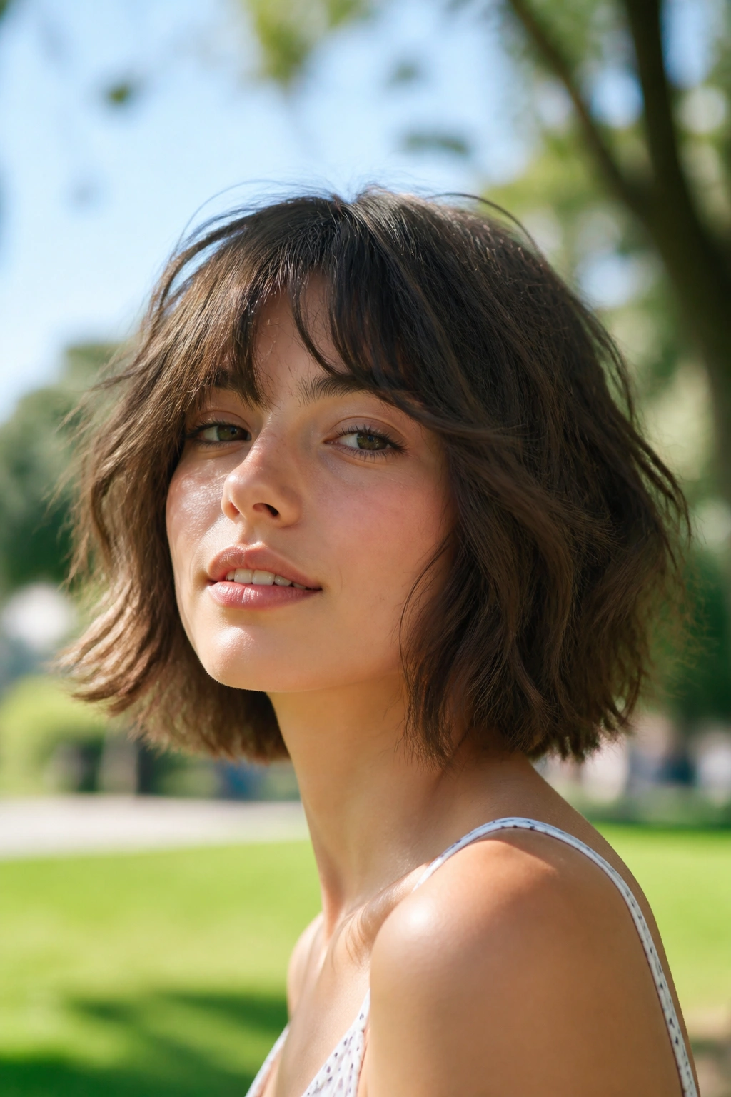 Girl with shaggy bob in sunny park light