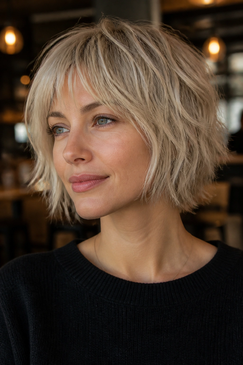 Close-up of a real woman with a shaggy bob in a cozy cafe