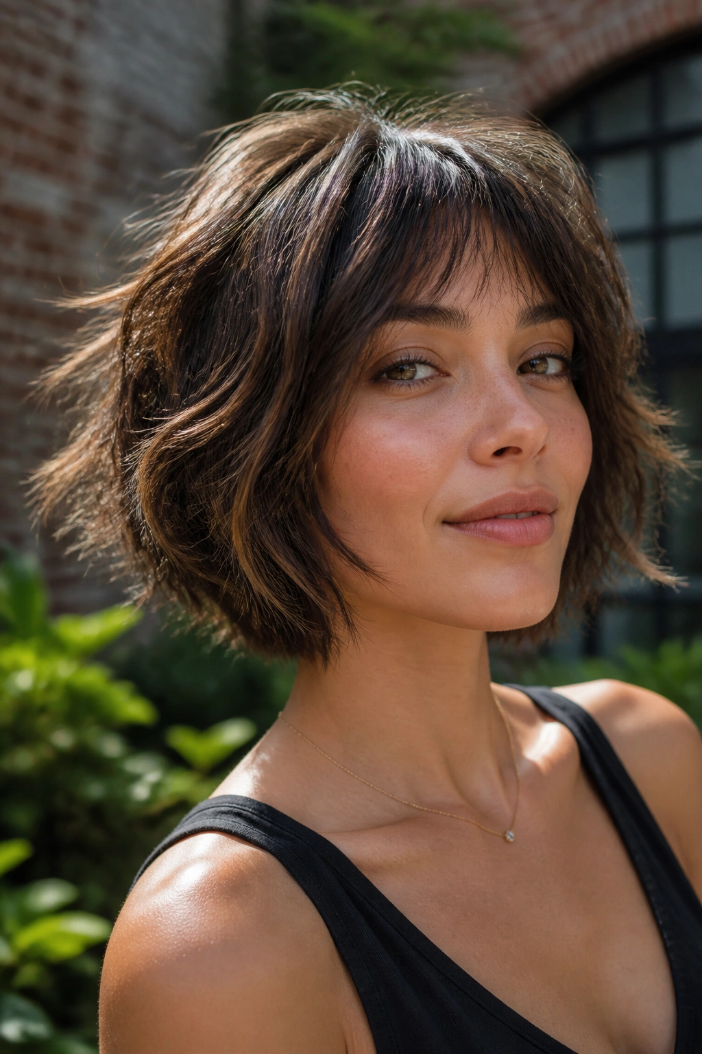 Portrait of a real woman with a shaggy bob and textured layers.