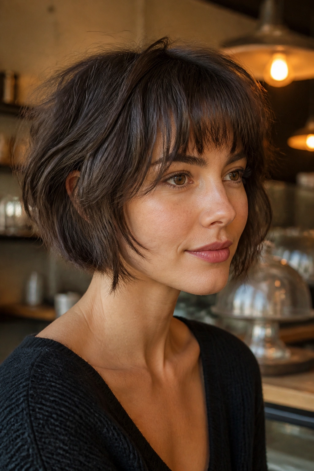 Close-up of a real woman with shaggy bob in a warm cafe setting