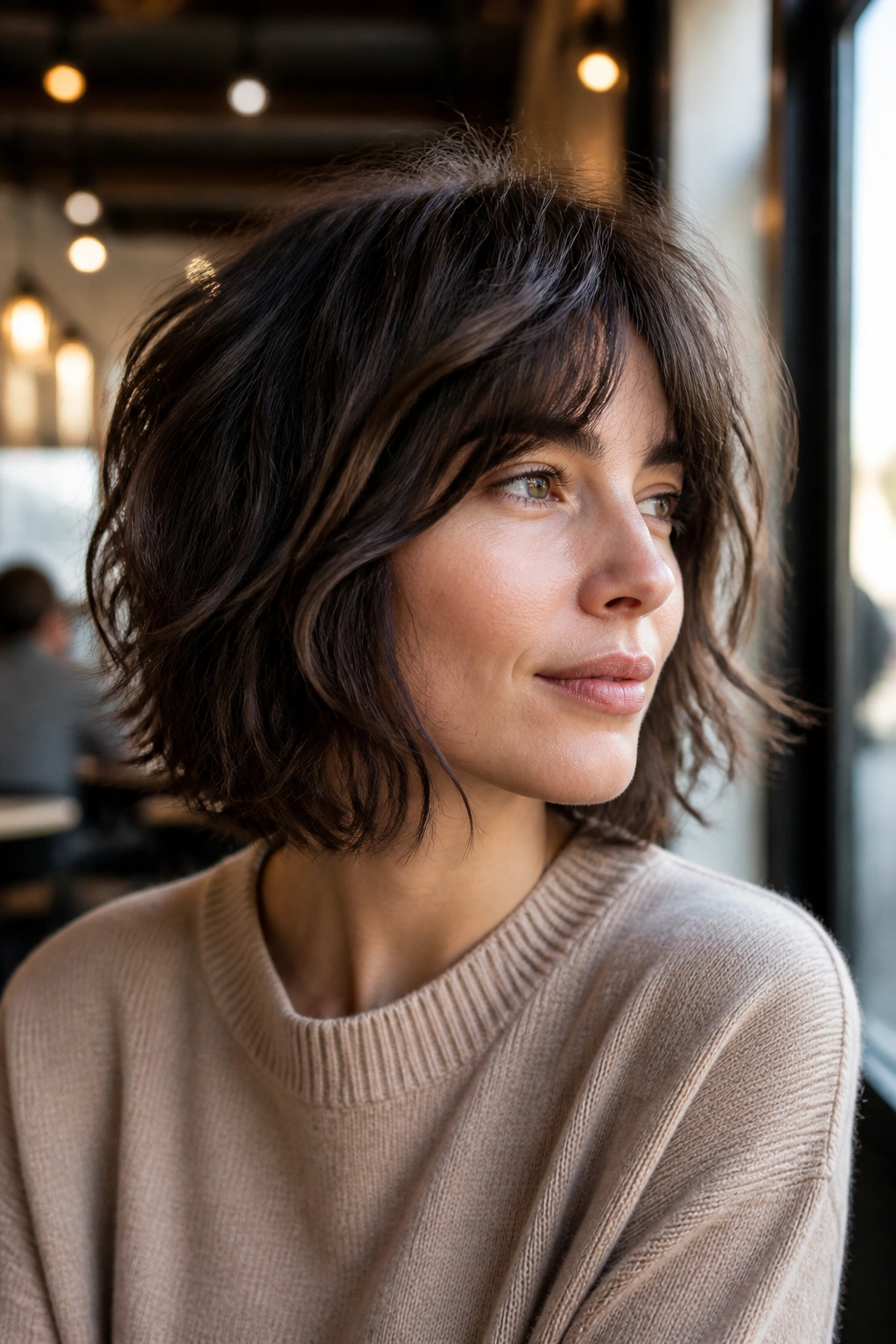 Real person with shaggy bob and layered ends in natural cafe lighting
